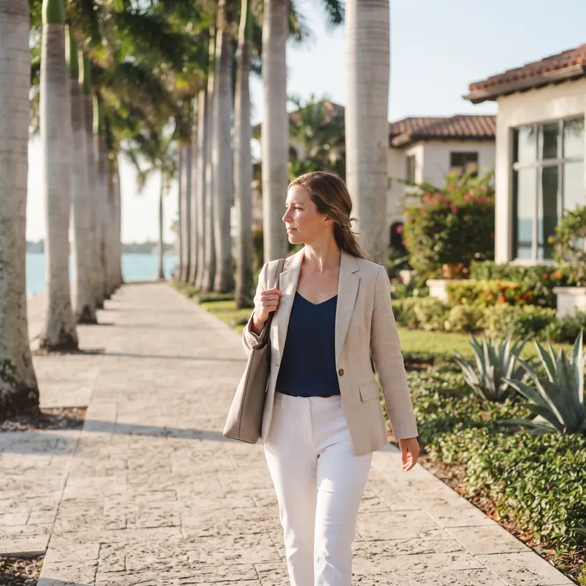 A woman in a light blazer with a bag on her shoulder walking on a stone sidewalk between palm trees and houses