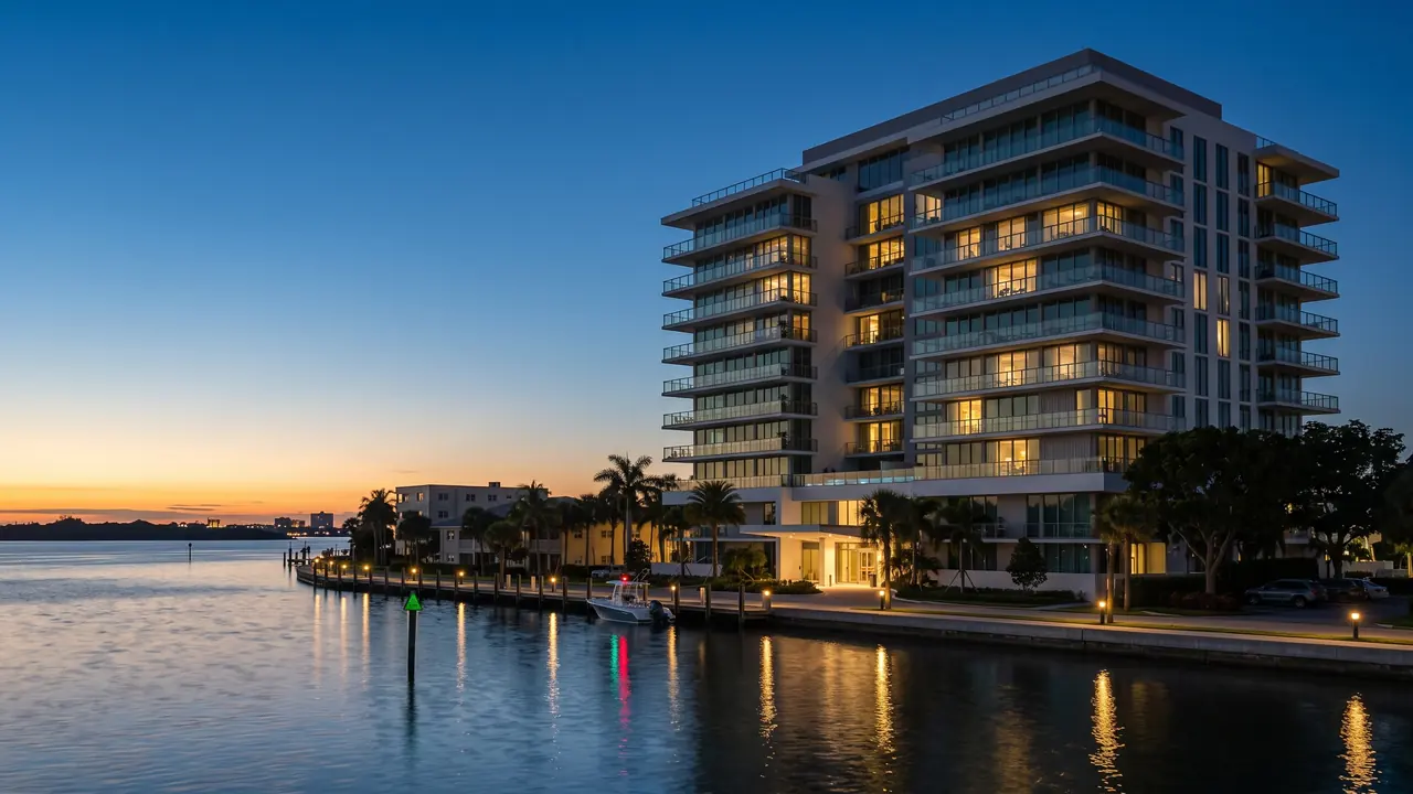 The building seen from the water at nightfall, with its windows lit, the dock lights reflected on the lagoon and an orange sky on the horizon