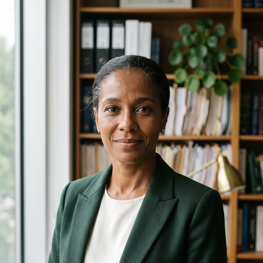 Portrait of Helena Prado, a woman with dark hair pulled back, a dark green blazer and a light blouse, smiling slightly at the camera in front of a bookshelf