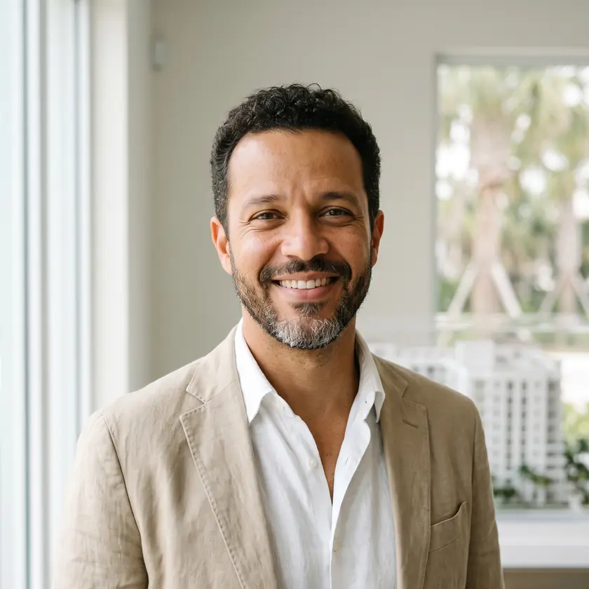 Portrait of Rafael Moura, a man with short curly hair and a graying beard, in a beige linen jacket and a white shirt, smiling at the camera, with a scale model of a building behind him