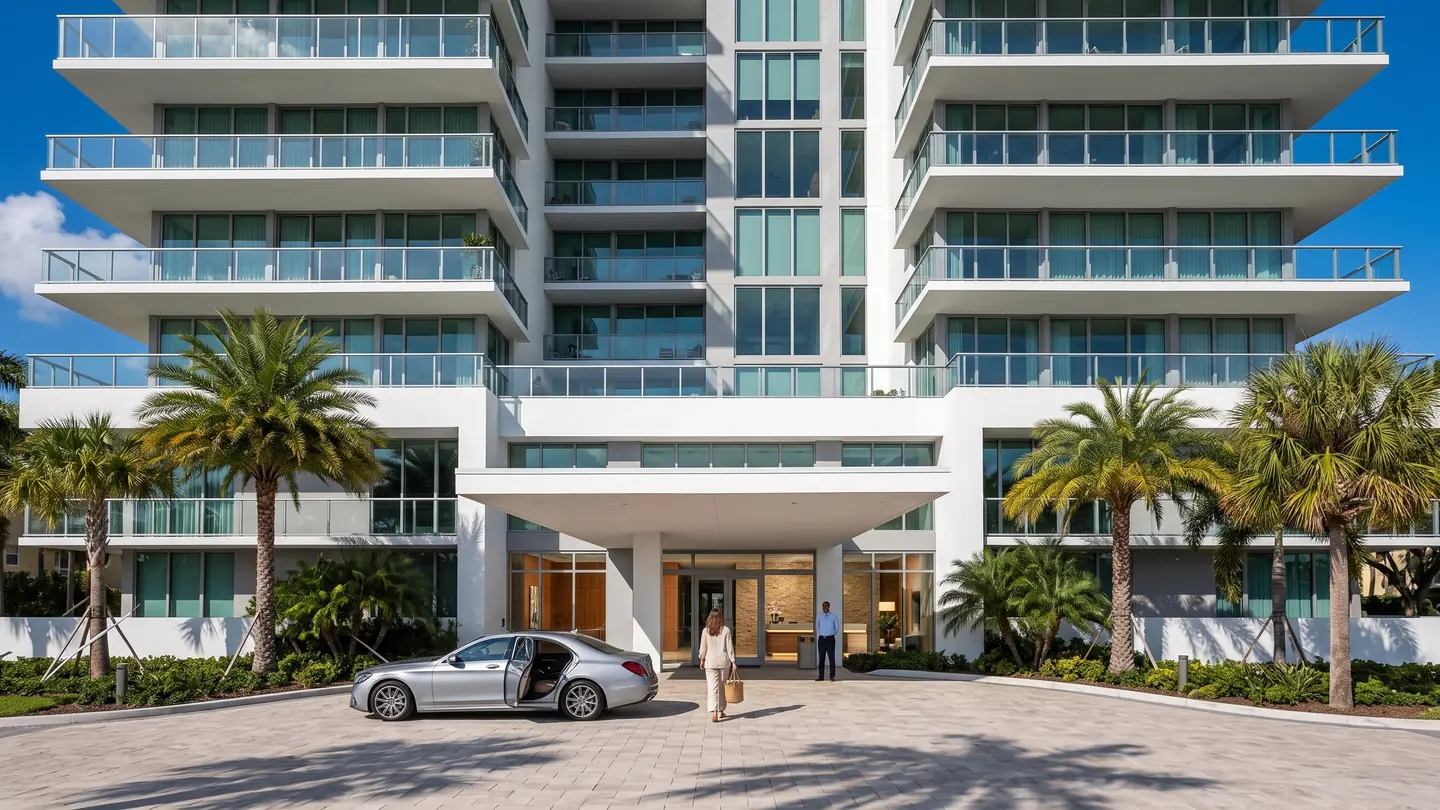 The building entrance seen from the front, with a white canopy, glass balconies, palm trees on both sides and a silver car stopped at the door, under a blue sky
