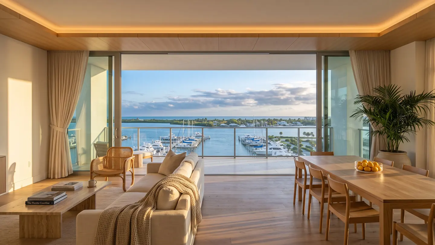 A living room with a light sofa, a coffee table and a wooden dining table, with the glass doors open to the balcony and a view of the marina and the lagoon