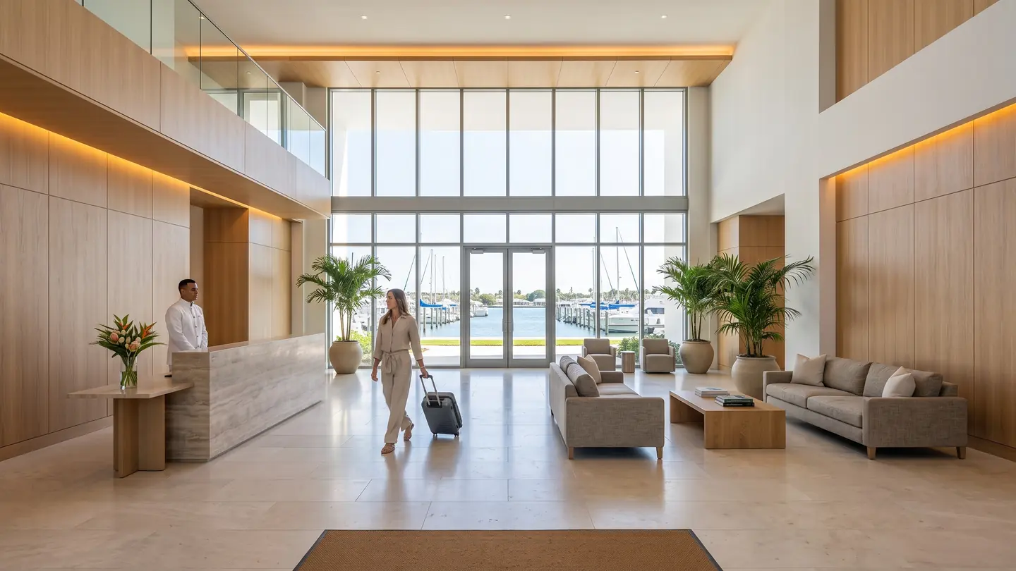 A double height lobby with light wood panels, a stone front desk with an attendant, a woman walking in with a suitcase, sofas and potted palms, and a glass wall facing the marina