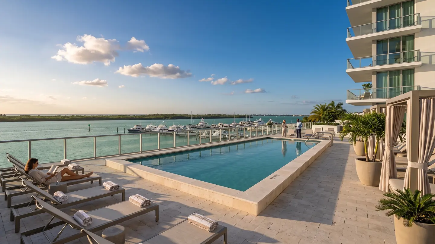 The pool on the building terrace in the late afternoon, with lounge chairs, a woman reading, fabric cabanas and a view of the marina and the lagoon