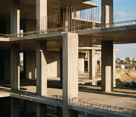Concrete columns and slabs of a building under construction, with rebar showing