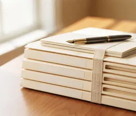 A stack of light folders tied with a ribbon, with a fountain pen on top