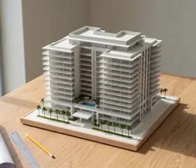 A white scale model of an apartment building with a pool on a wooden table, with a ruler, a pencil and a rolled drawing beside it