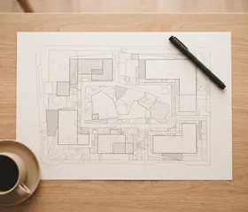 A printed site plan on a wooden table, with a pen and a cup of coffee