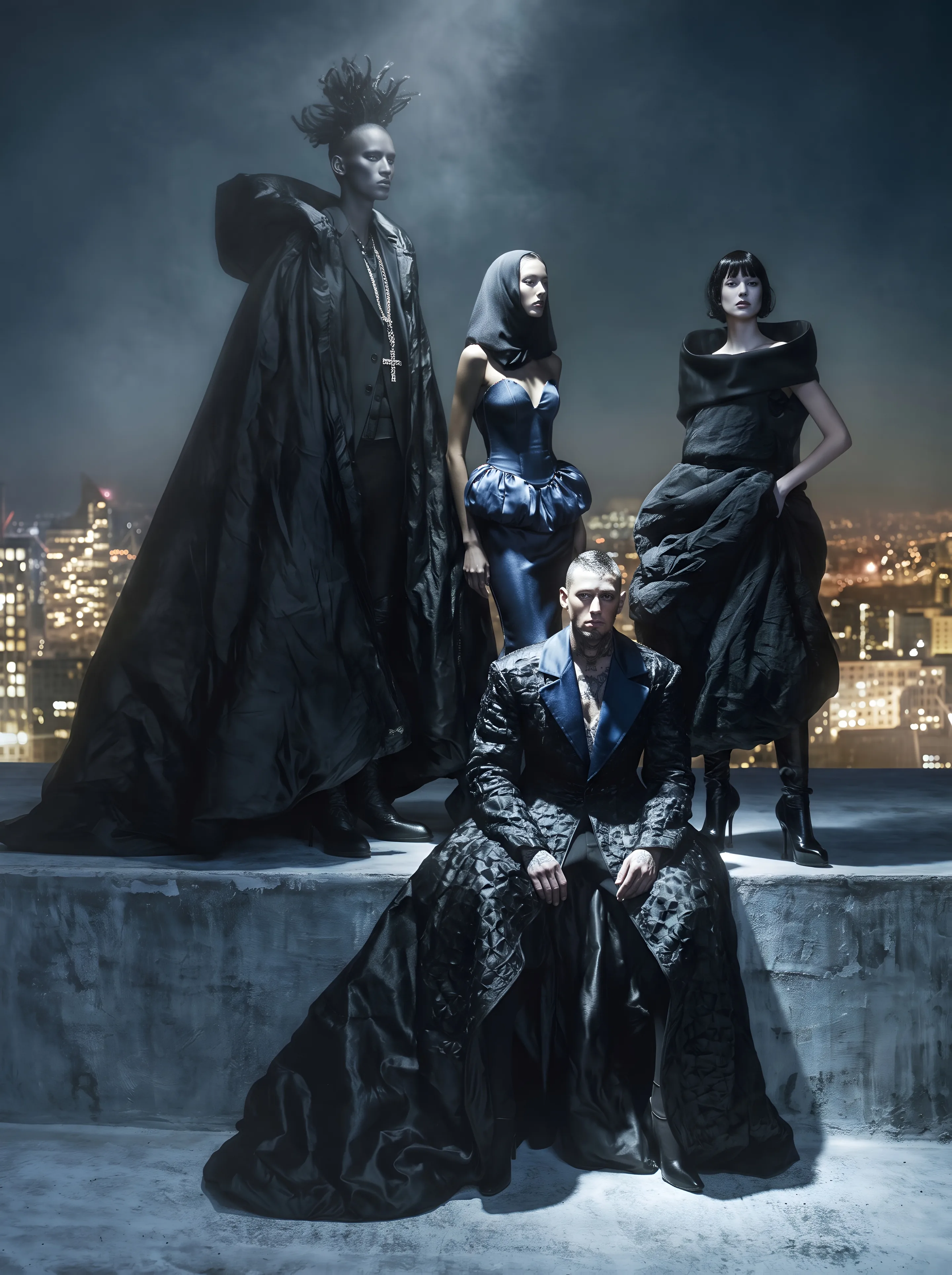 High Rise: four models on a concrete rooftop above a city at night, in a black taffeta cape, a midnight blue satin gown with a hood, a black taffeta dress with a wide collar and a quilted coat with blue lapels