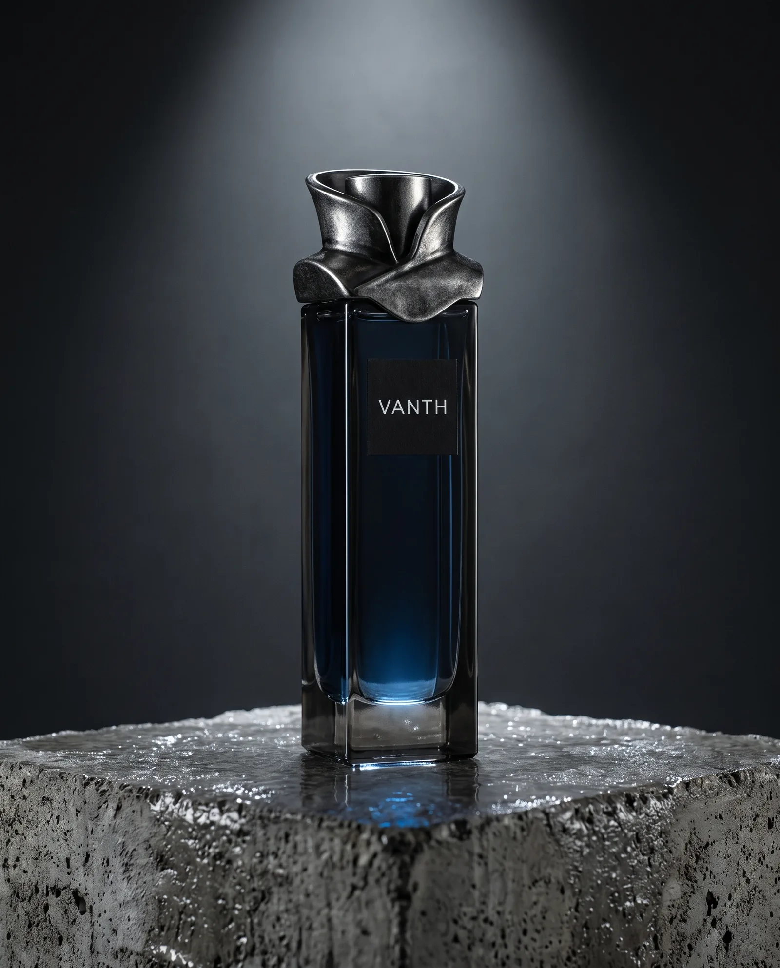A tall bottle of smoked glass with midnight blue perfume and a blackened silver cap shaped like a high collar, on wet concrete