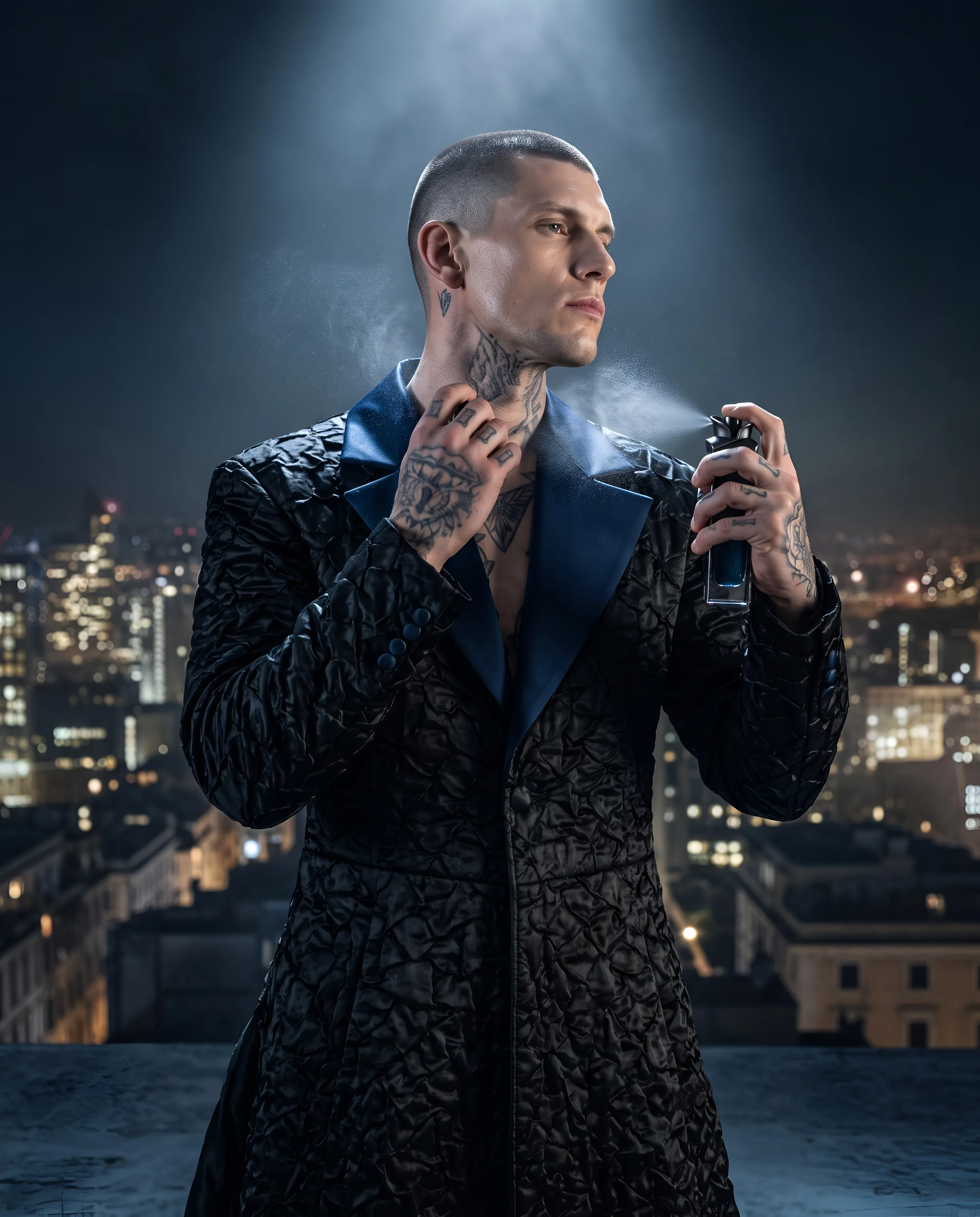 A man with a shaved head and tattooed hands stands on a rooftop above a city at night in a quilted black coat with blue lapels, spraying perfume on his neck
