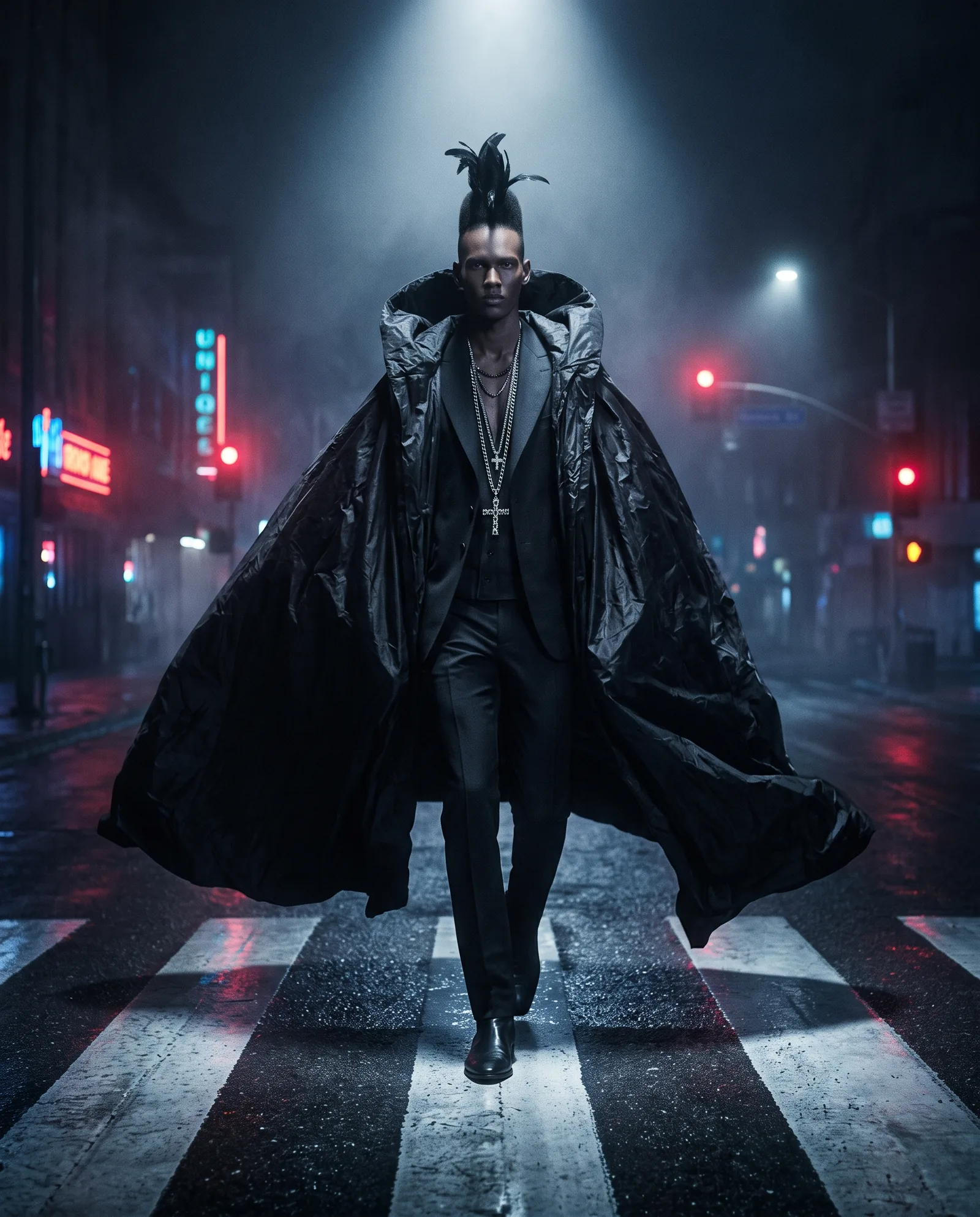 A tall man with a crest of black feathers in his hair crosses a wet zebra crossing at night in an enormous black taffeta cape over a black suit, with long silver chains and a cross