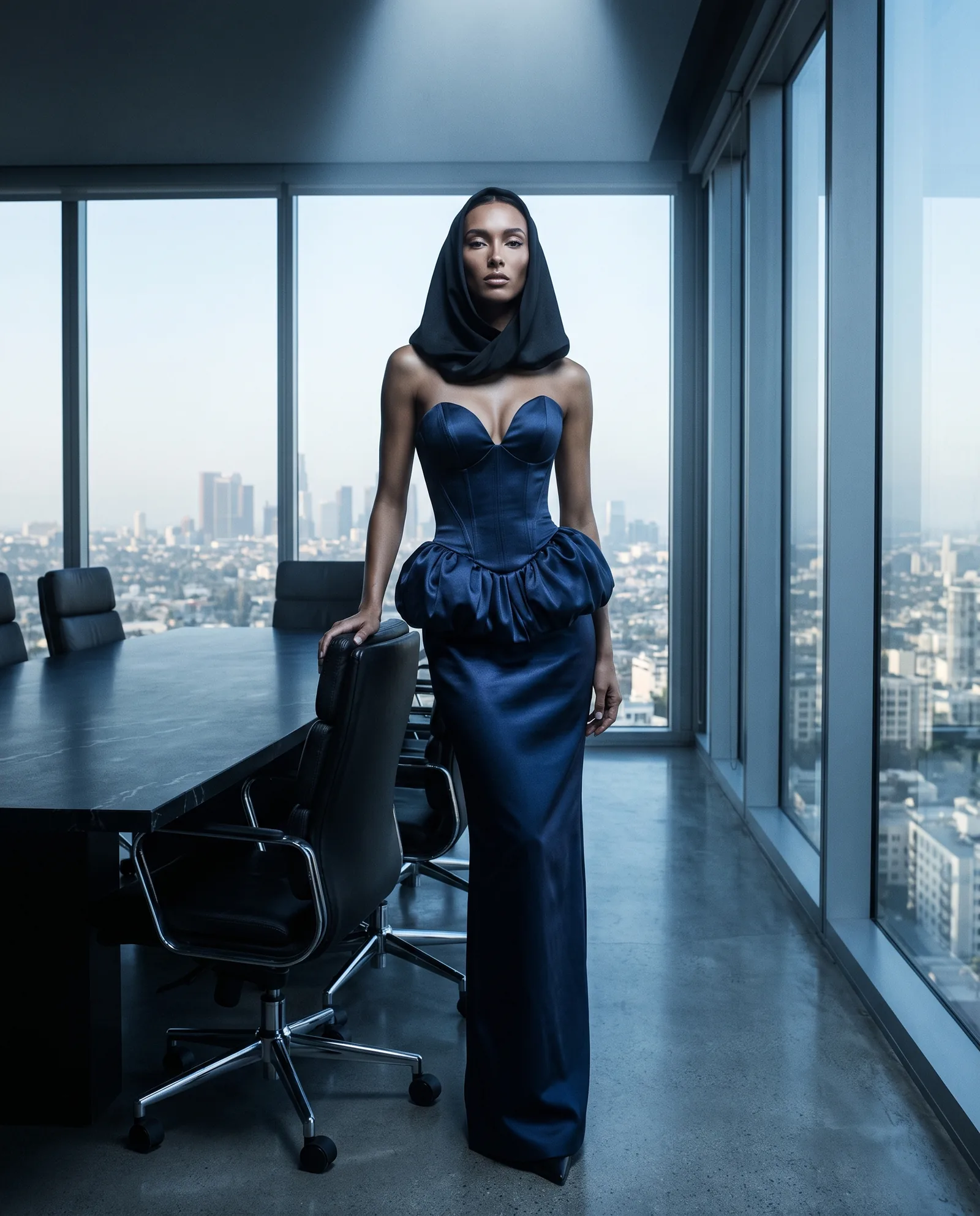 A woman in a black draped hood stands by the glass wall of a top floor boardroom in a midnight blue satin gown with a corset bodice and a gathered peplum, the city behind her