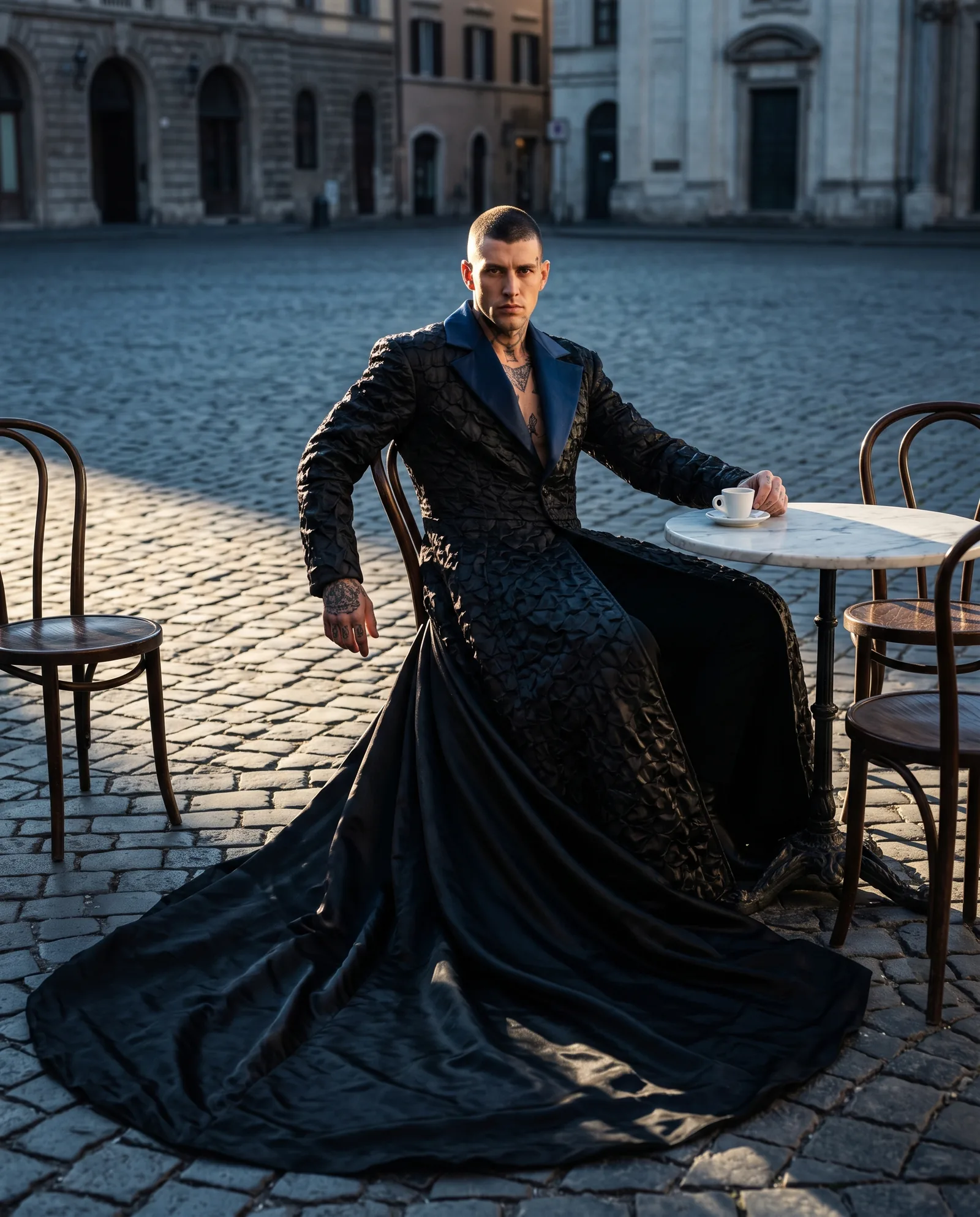A man with a shaved head and tattoos on his neck and hands sits at a cafe table on a cobbled square in a long black quilted coat with blue satin lapels and a train