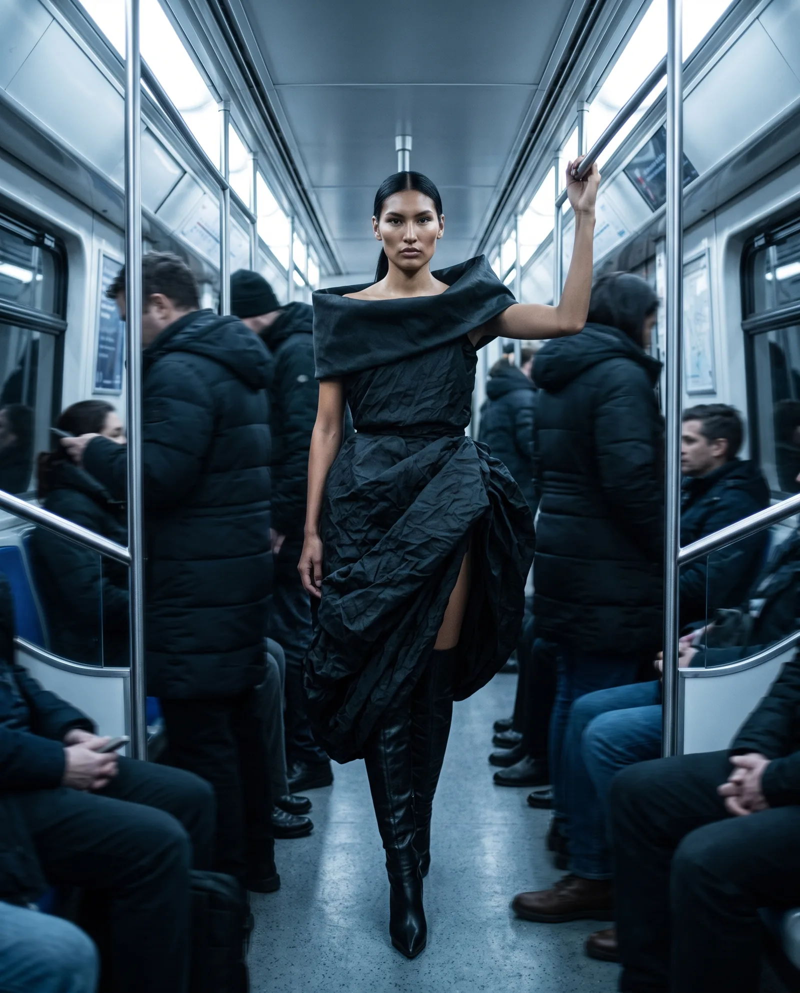 A woman with a tight black ponytail walks down the aisle of a crowded metro carriage in a black taffeta dress with a huge off the shoulder collar and tall black leather boots