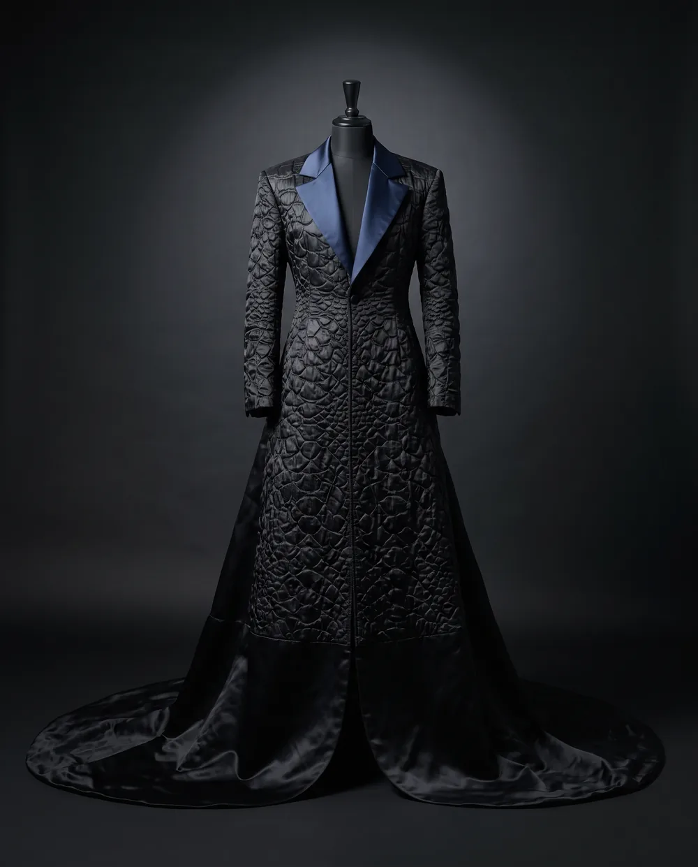 The Quilted Coat on a black dress form: a long black quilted coat with blue satin lapels and a train