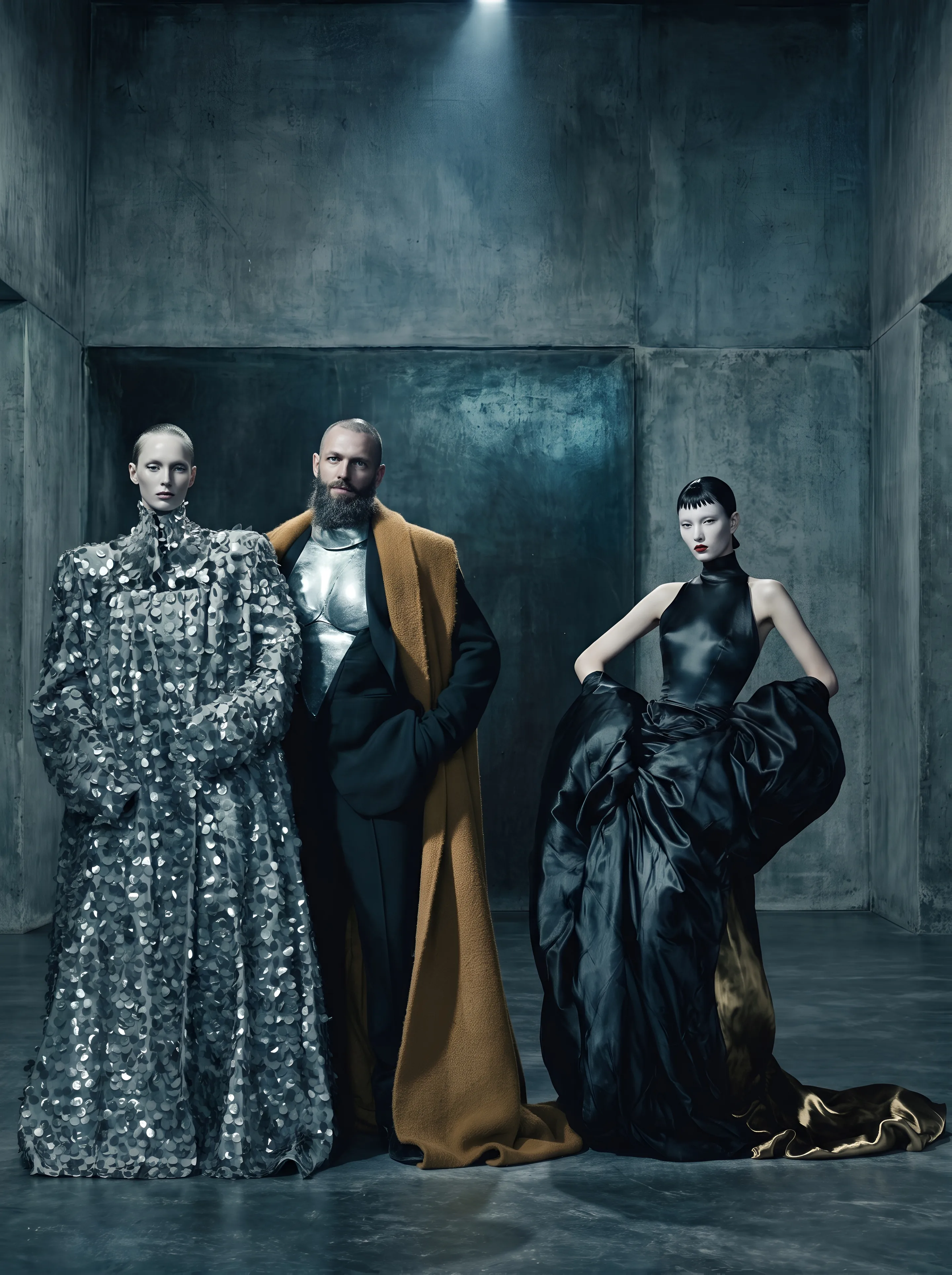 Iron Court: three models in a concrete hall in silver paillettes, a silver chest plate with a camel cape, and black satin