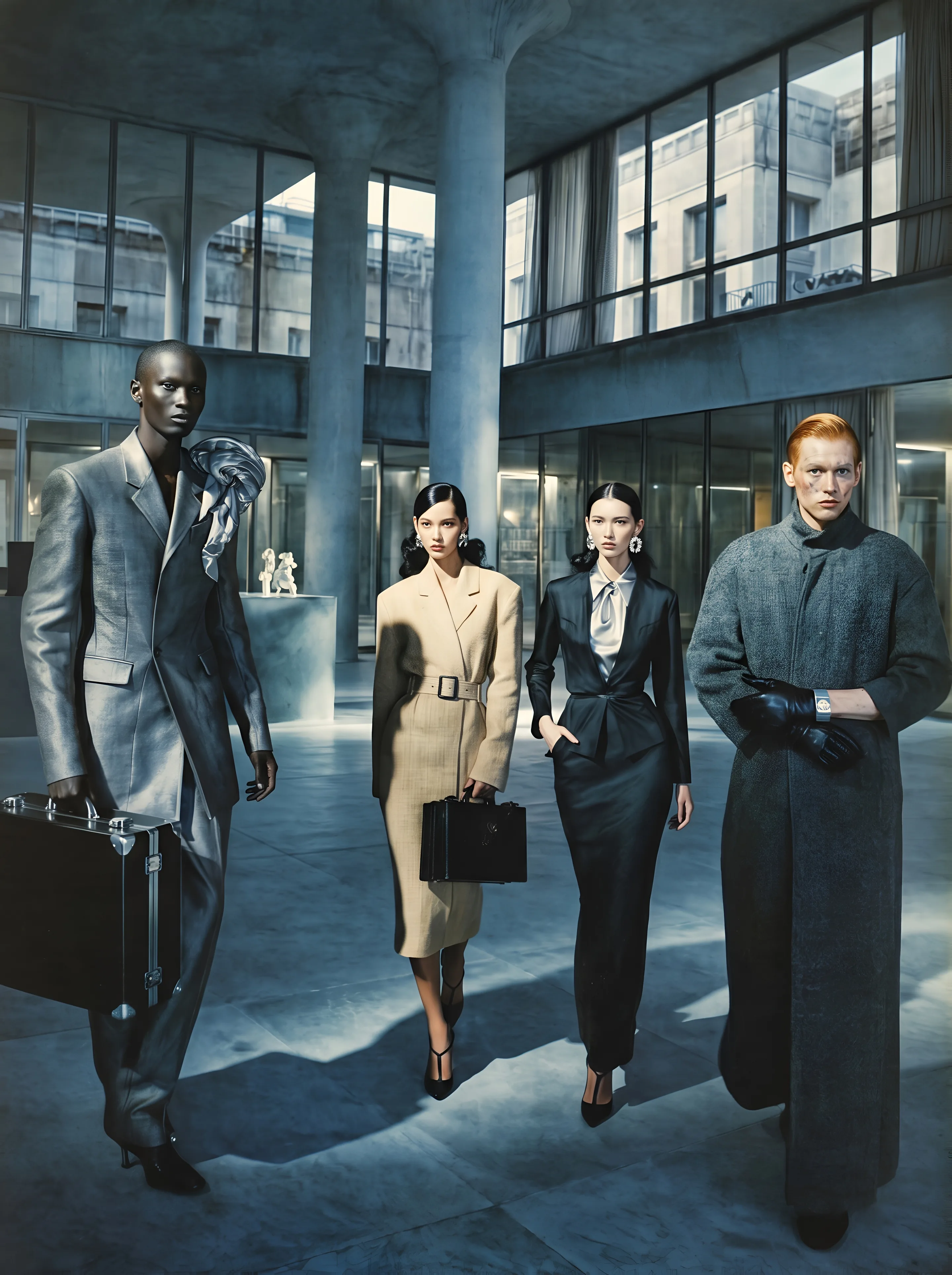 Four people in tailoring walk through a concrete and glass lobby in morning light