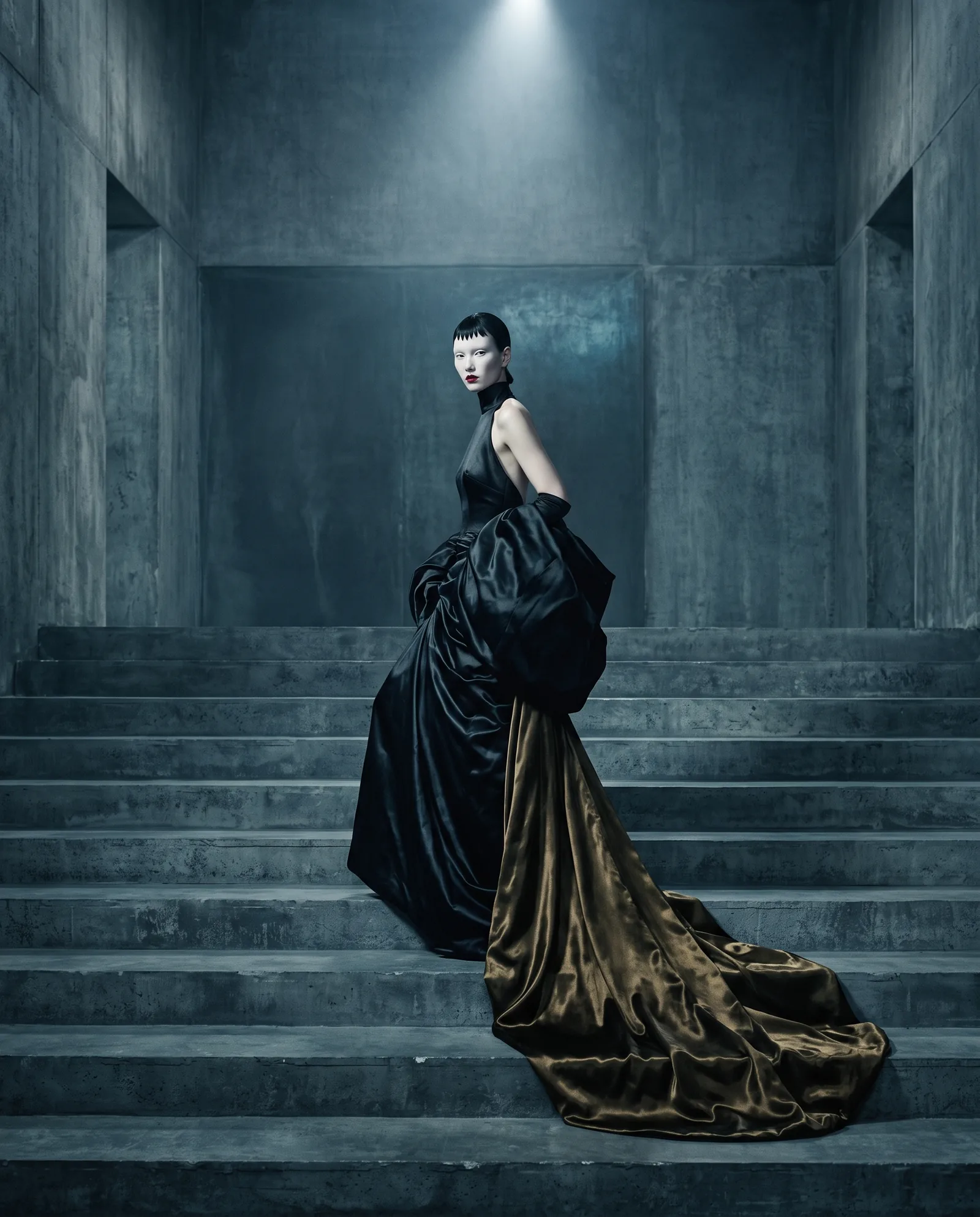 A woman climbs a concrete staircase in a black satin gown with a gold lined train, looking back over her shoulder