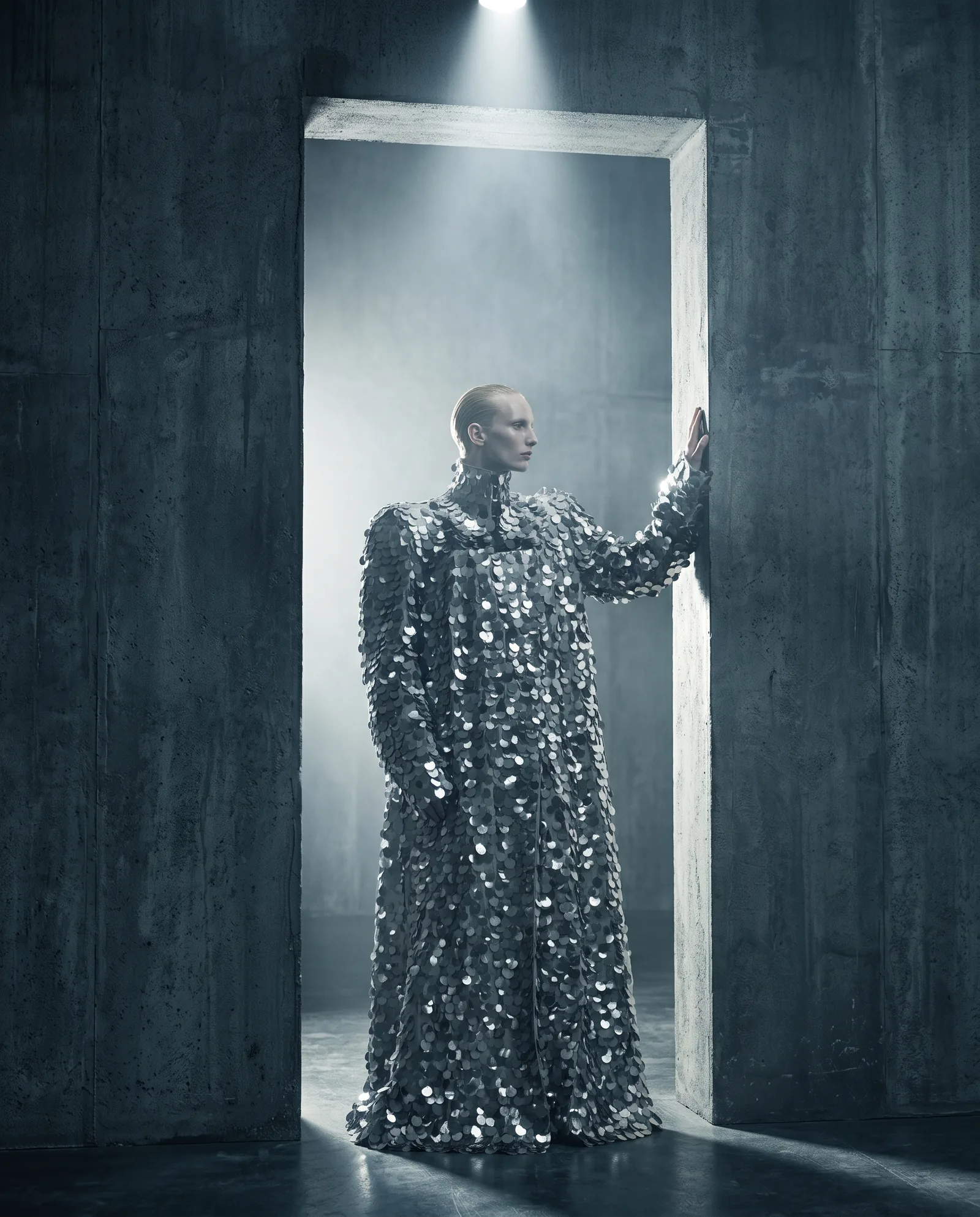 A model in a floor-length coat of silver paillettes stands in a concrete doorway with light behind