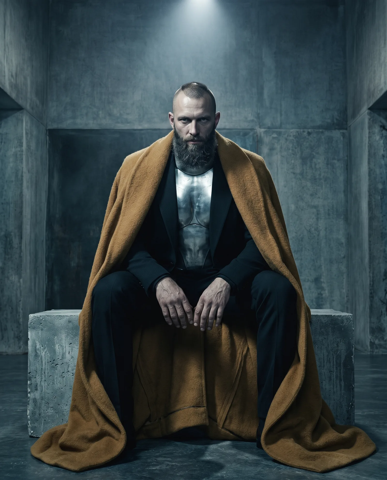 A bearded man sits on a concrete block in a silver chest plate and a camel wool cape