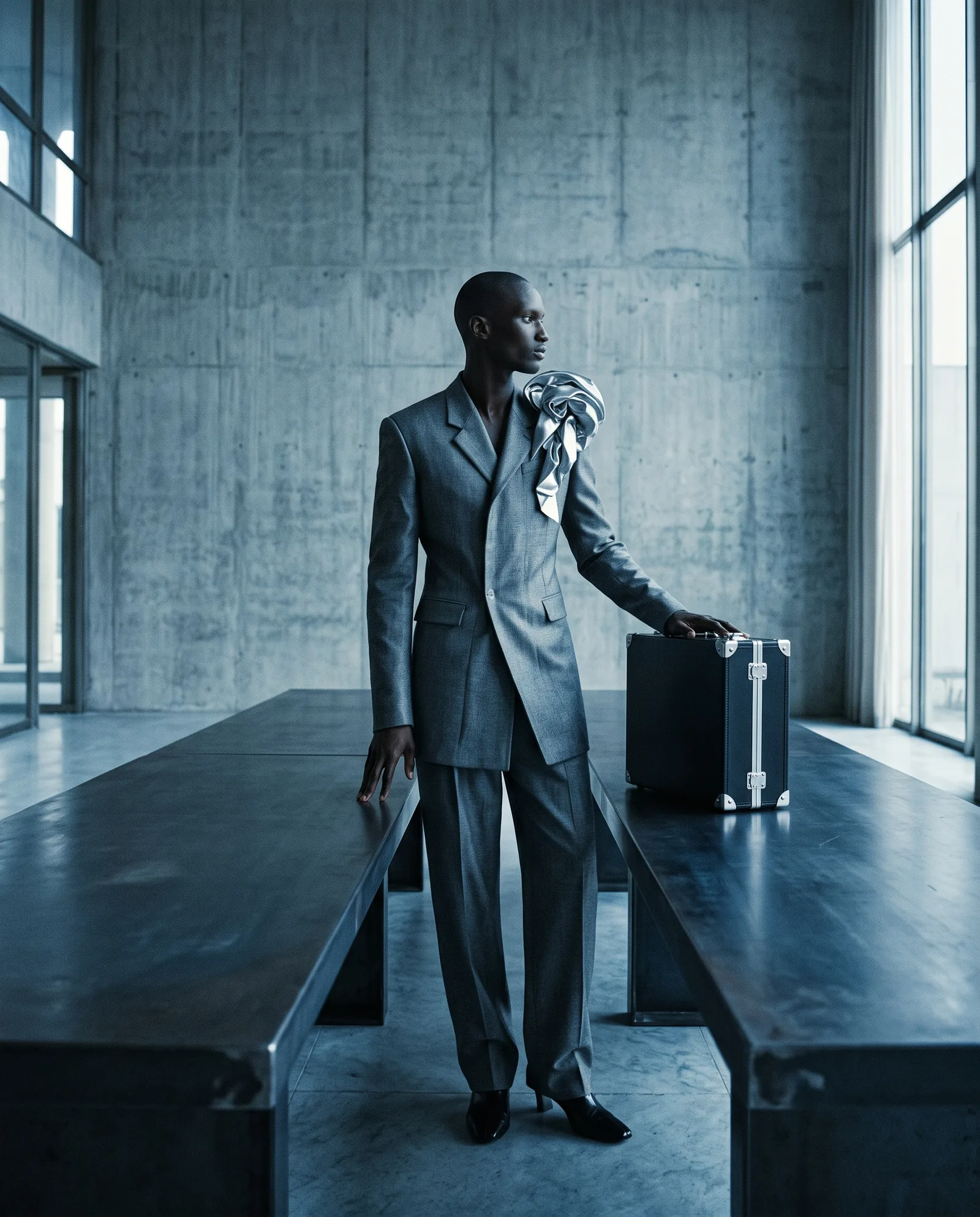 A man in a grey suit with a sculpted silver shoulder stands at a steel table in a concrete boardroom, a rigid briefcase beside him