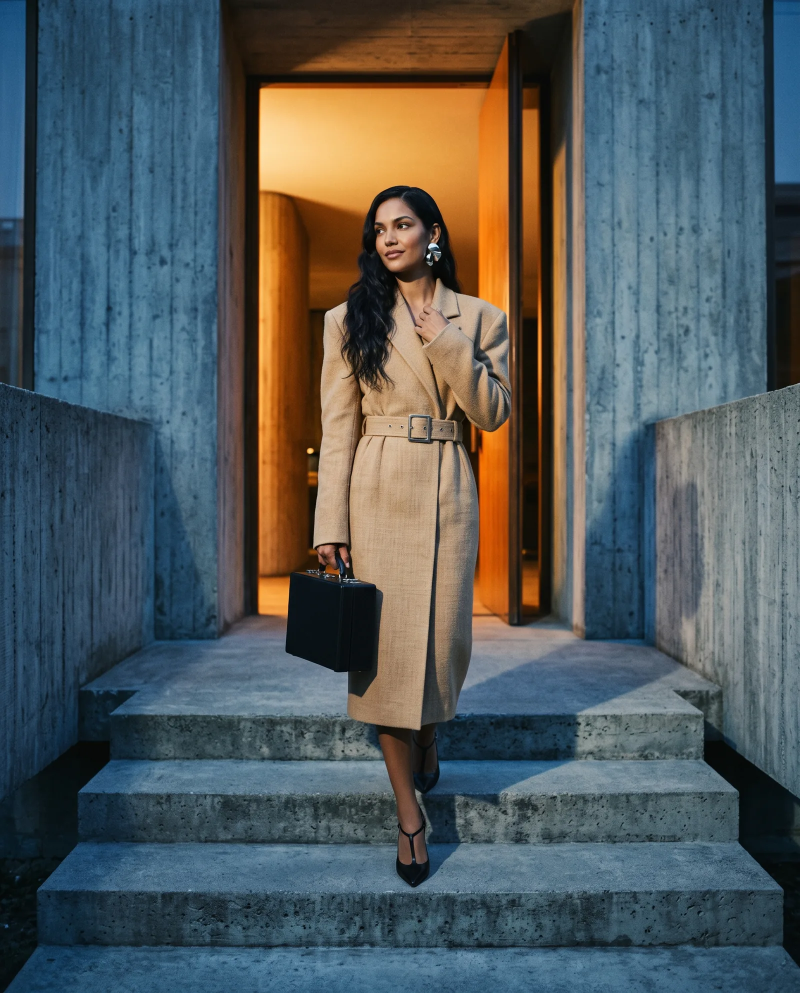 A woman in a belted camel coat dress comes down concrete steps at dusk with a black top handle bag