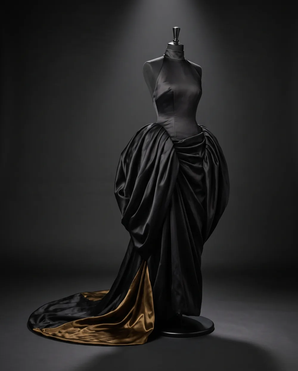 The Court Gown on a black dress form: black satin with a halter neck, a draped skirt and a train lined in dark gold