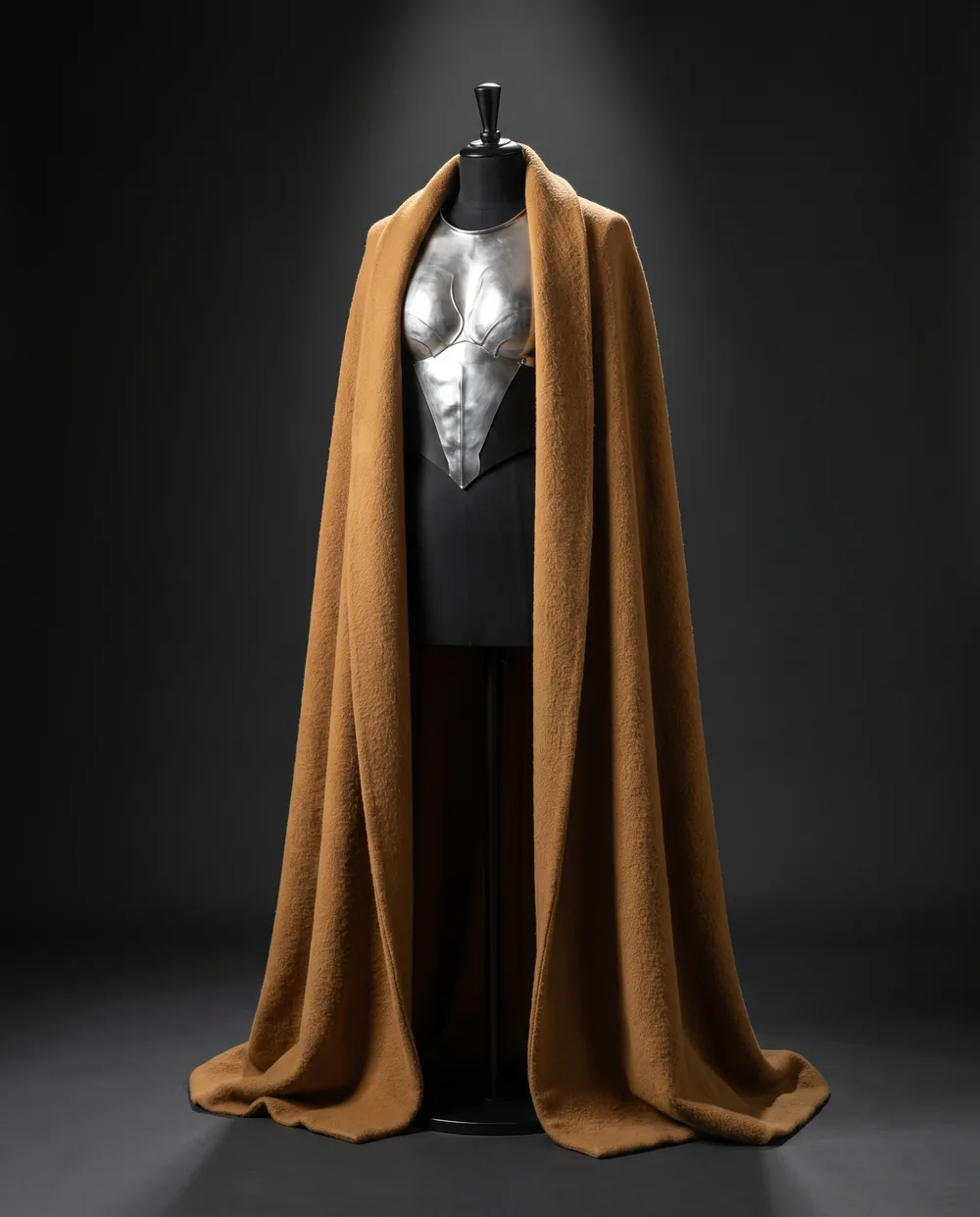 The Chest Plate and the Camel Cape on a black dress form