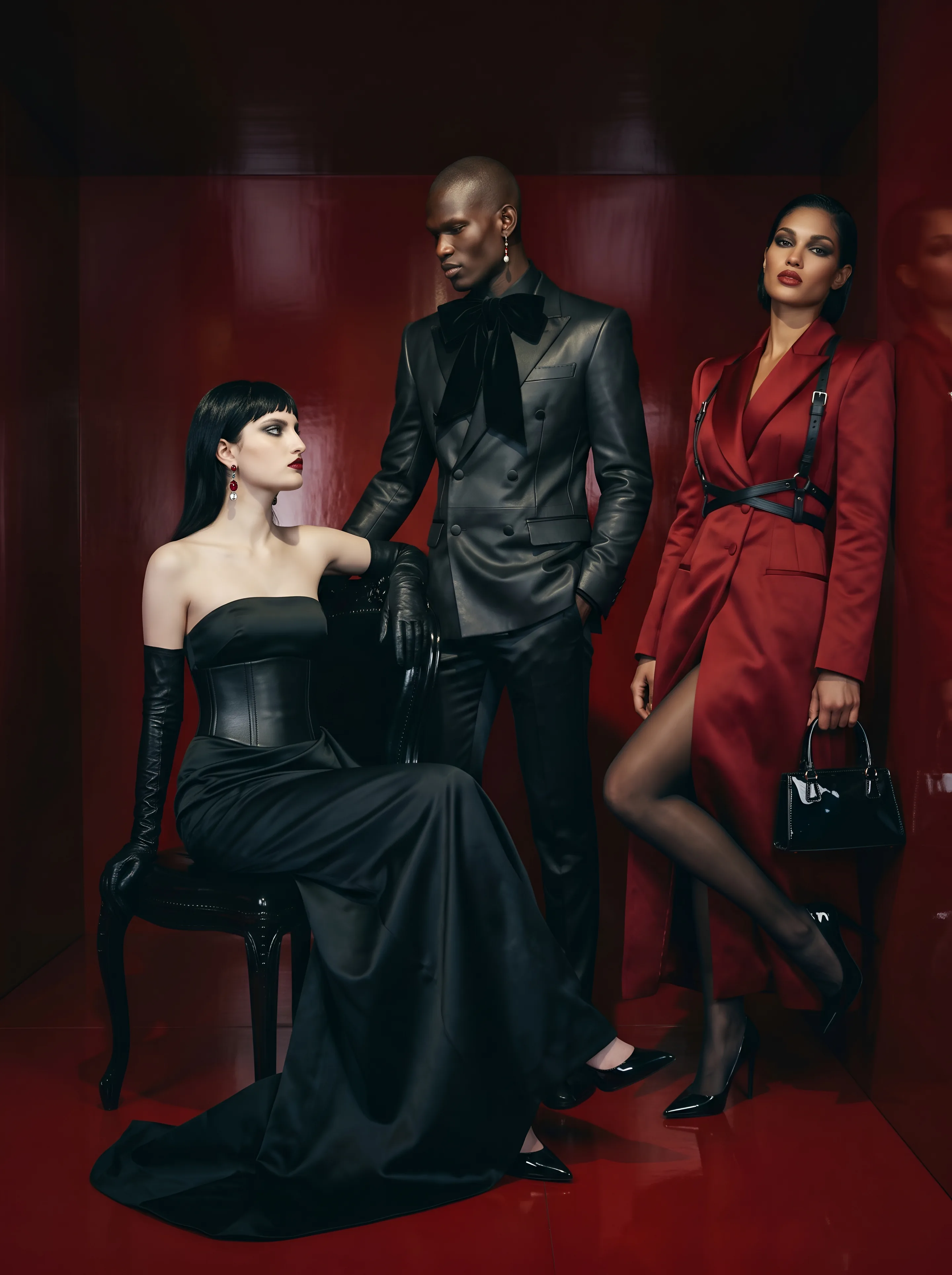 Lacquer: three models in a room of deep red lacquer, a woman seated in a black satin gown with a leather corset belt, a man in a black leather blazer behind her and a woman in a red satin coat leaning on the wall