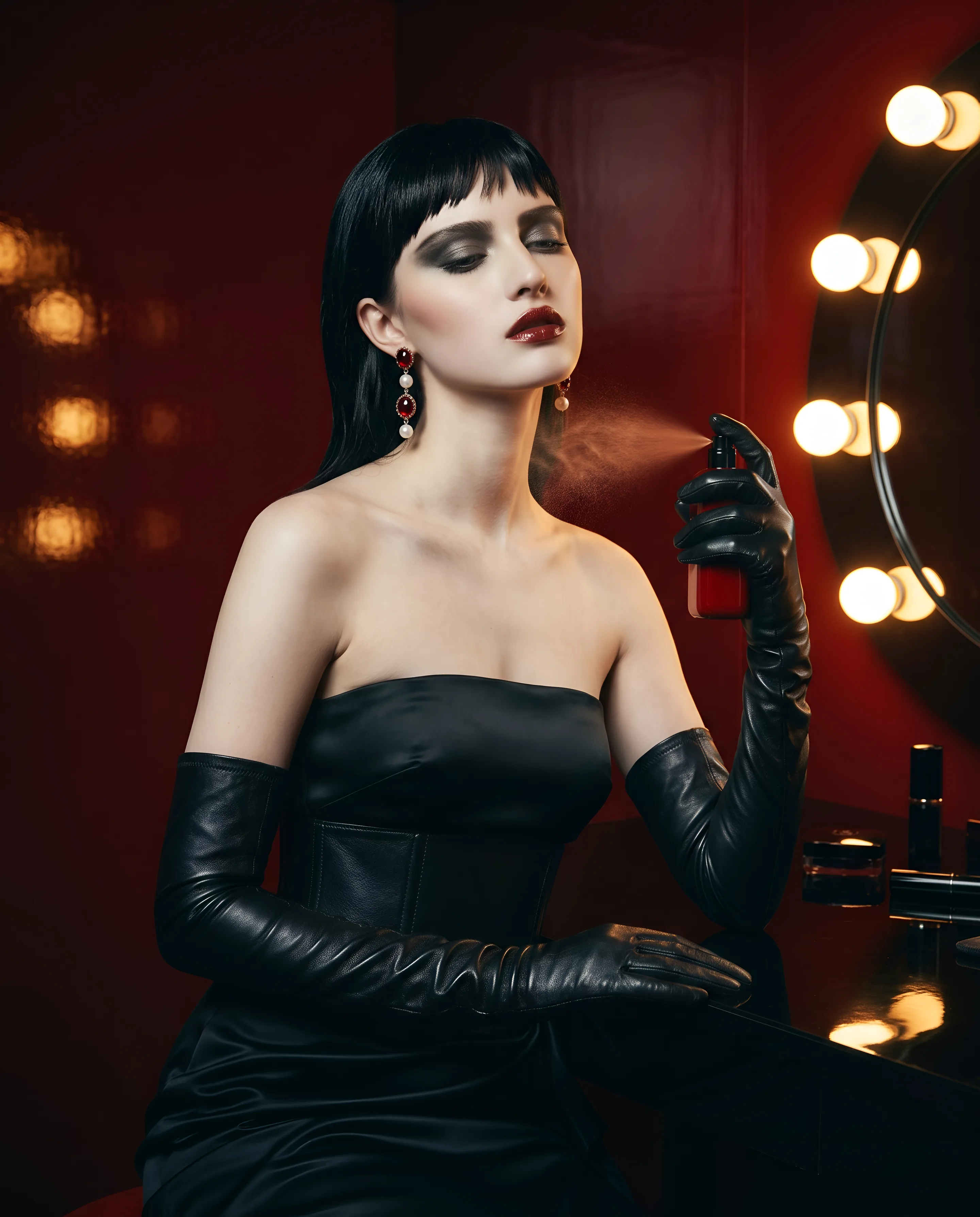 A woman with glossy black hair and a sharp fringe sits at a black lacquer dressing table beside a mirror with warm bulbs and sprays perfume on her neck, in a strapless black satin gown with a leather corset belt and long black leather gloves