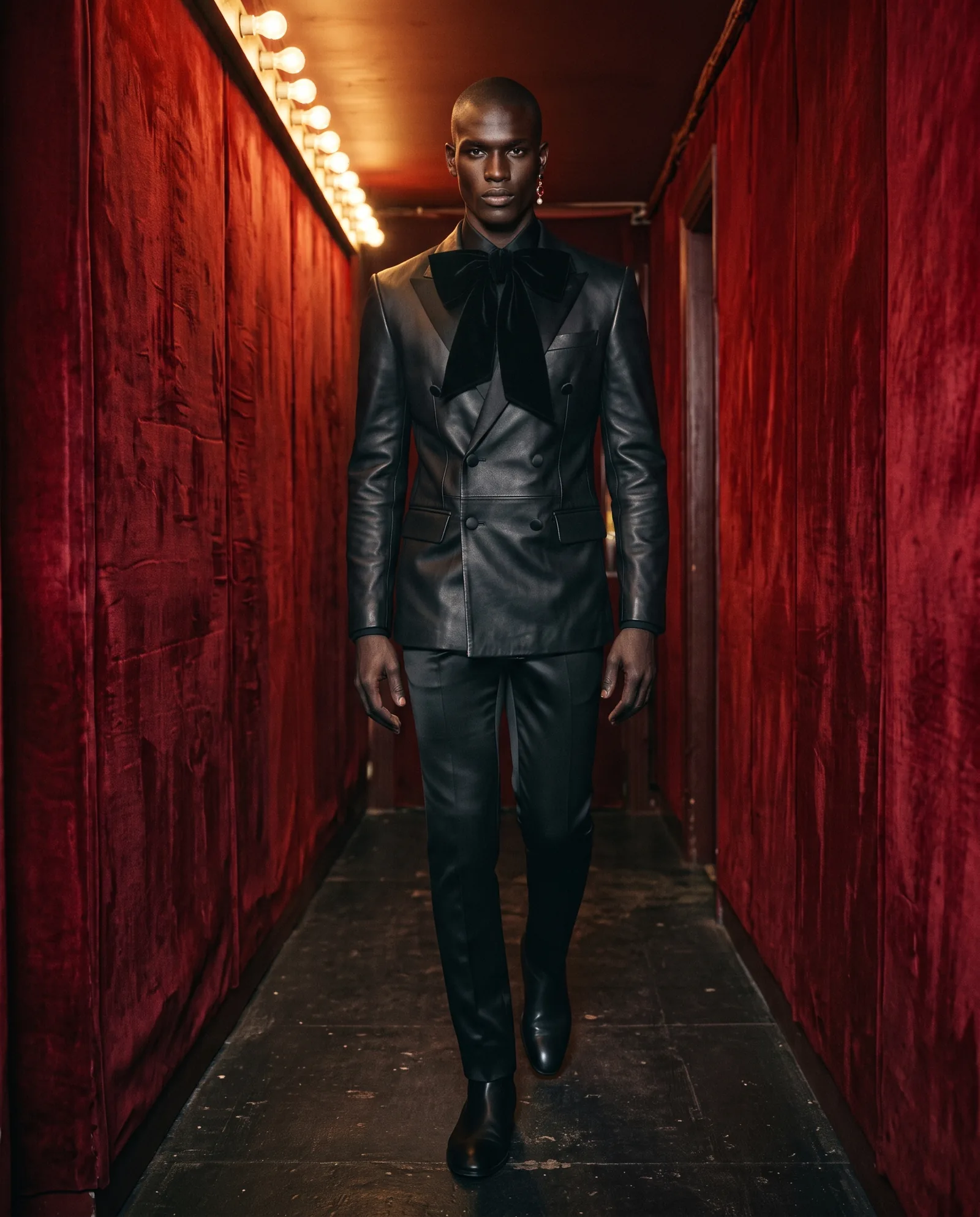 A tall man with a shaved head walks down a backstage corridor of red velvet curtains under a row of bare bulbs, in a black leather double breasted blazer with a large black velvet bow and black satin trousers