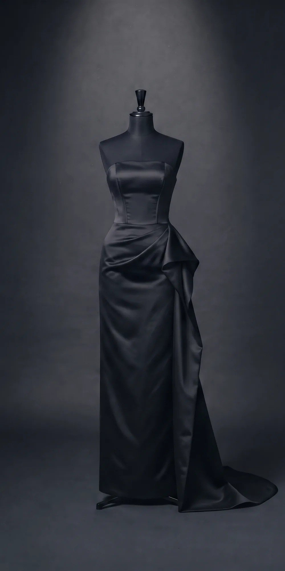 The Lacquer Gown on a black dress form: a strapless column of black duchesse satin with a fitted bodice, a drape at the hip and a short train