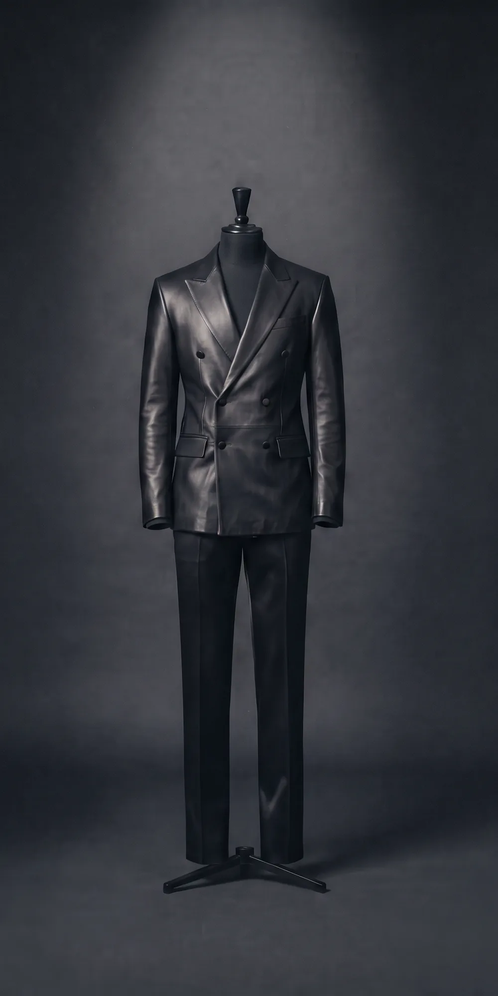 The Stage Suit on a black dress form: a black leather double breasted blazer with peak lapels and black satin trousers