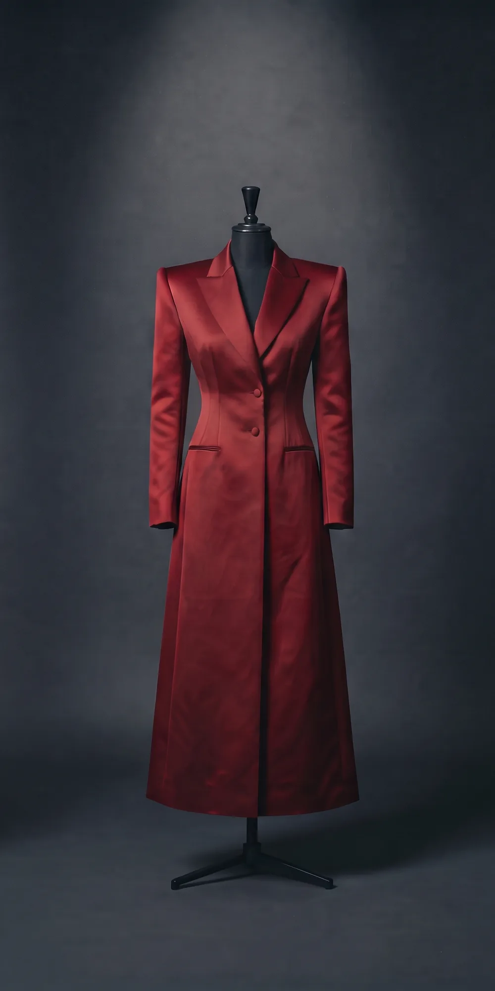 The Red Coat on a black dress form: a long deep red satin coat with strong shoulders, peak lapels and a buttoned front