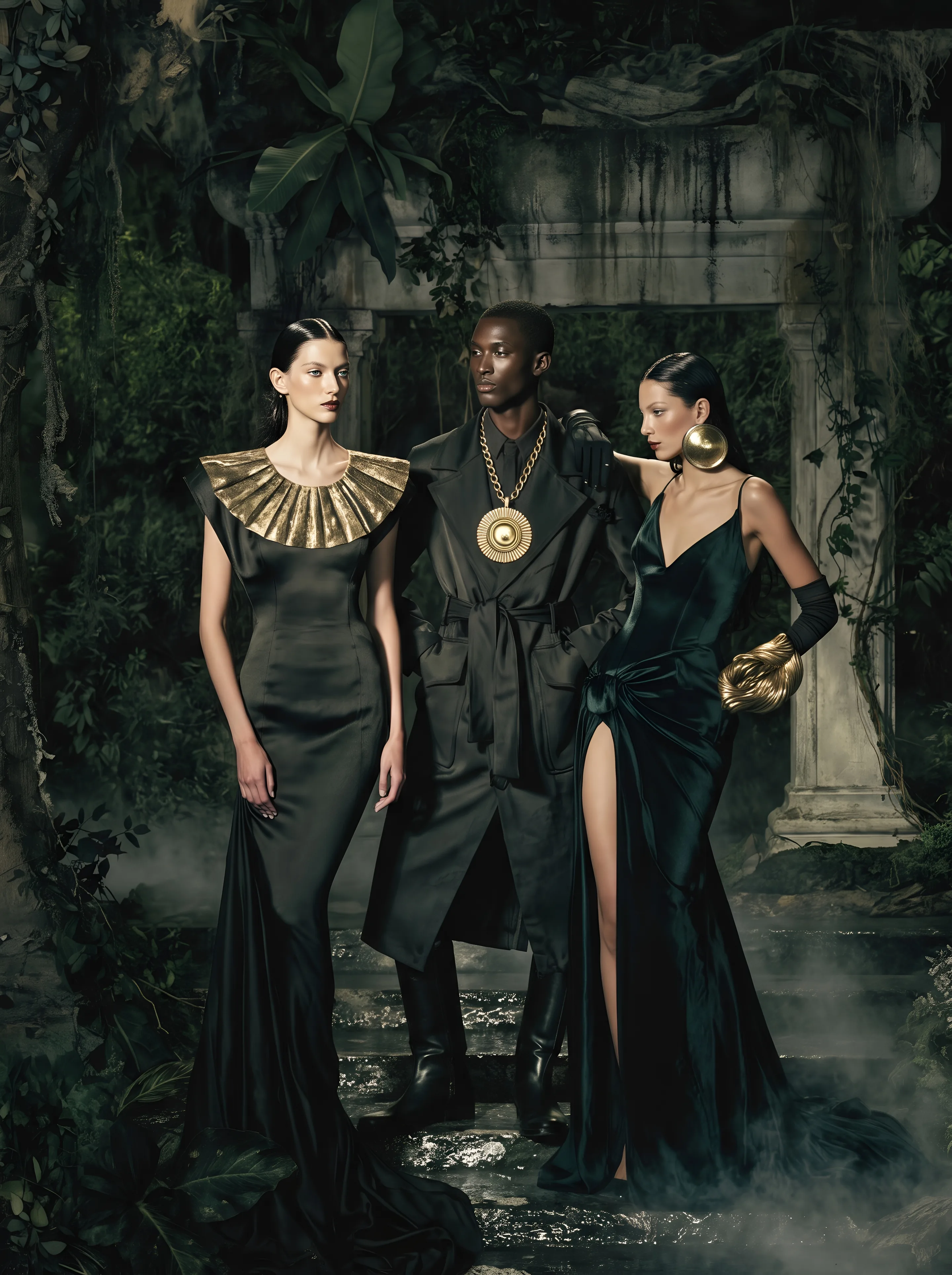 Lost Paradise: three models in front of a ruined stone gate overgrown by rainforest, in a black satin gown with a wide hammered gold collar, a black belted coat with a gold sun disc medallion and an emerald silk gown with a gold ear disc