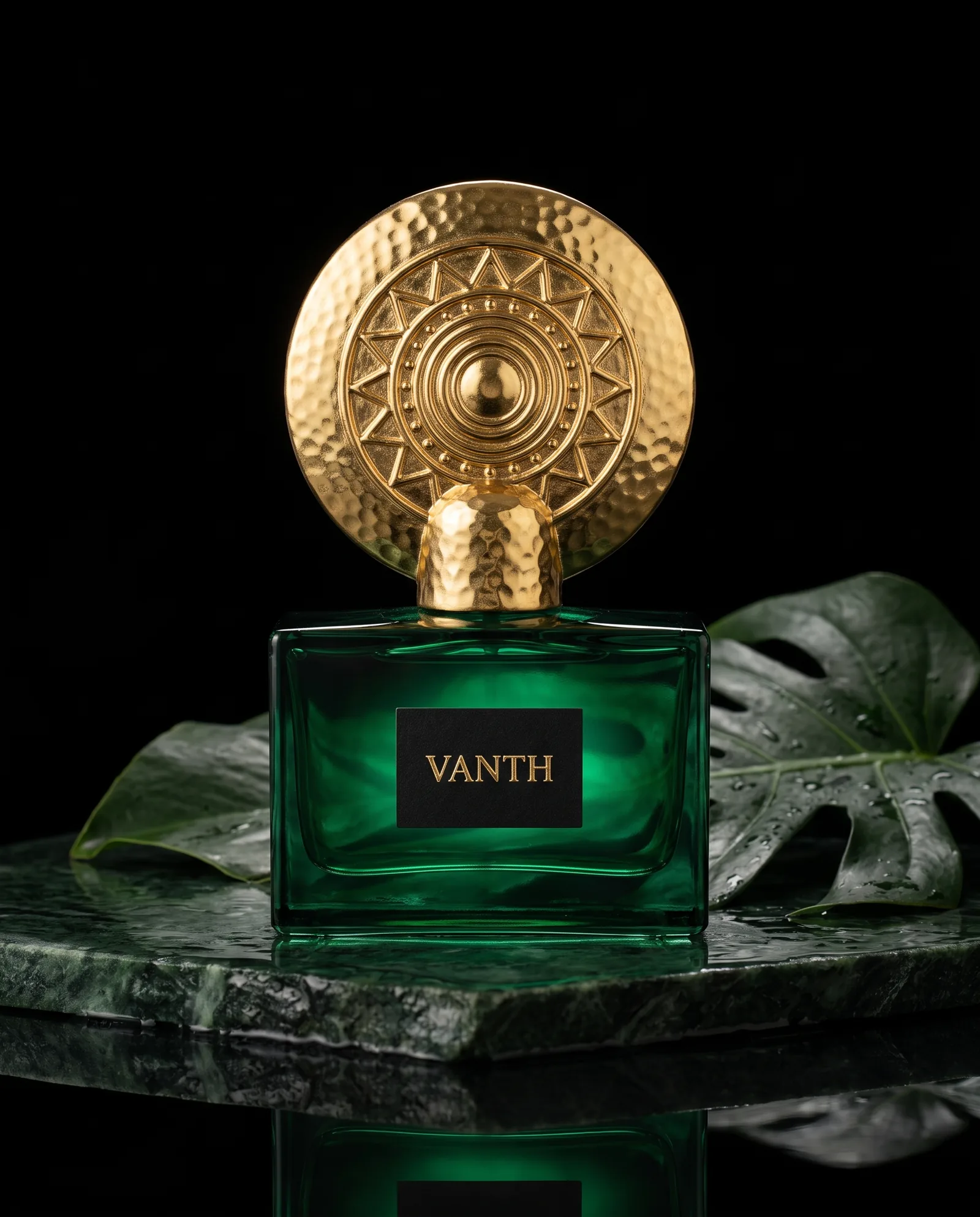 A bottle of dark emerald glass with a cap of hammered gold shaped like a sun disc, on wet green stone with a dark leaf