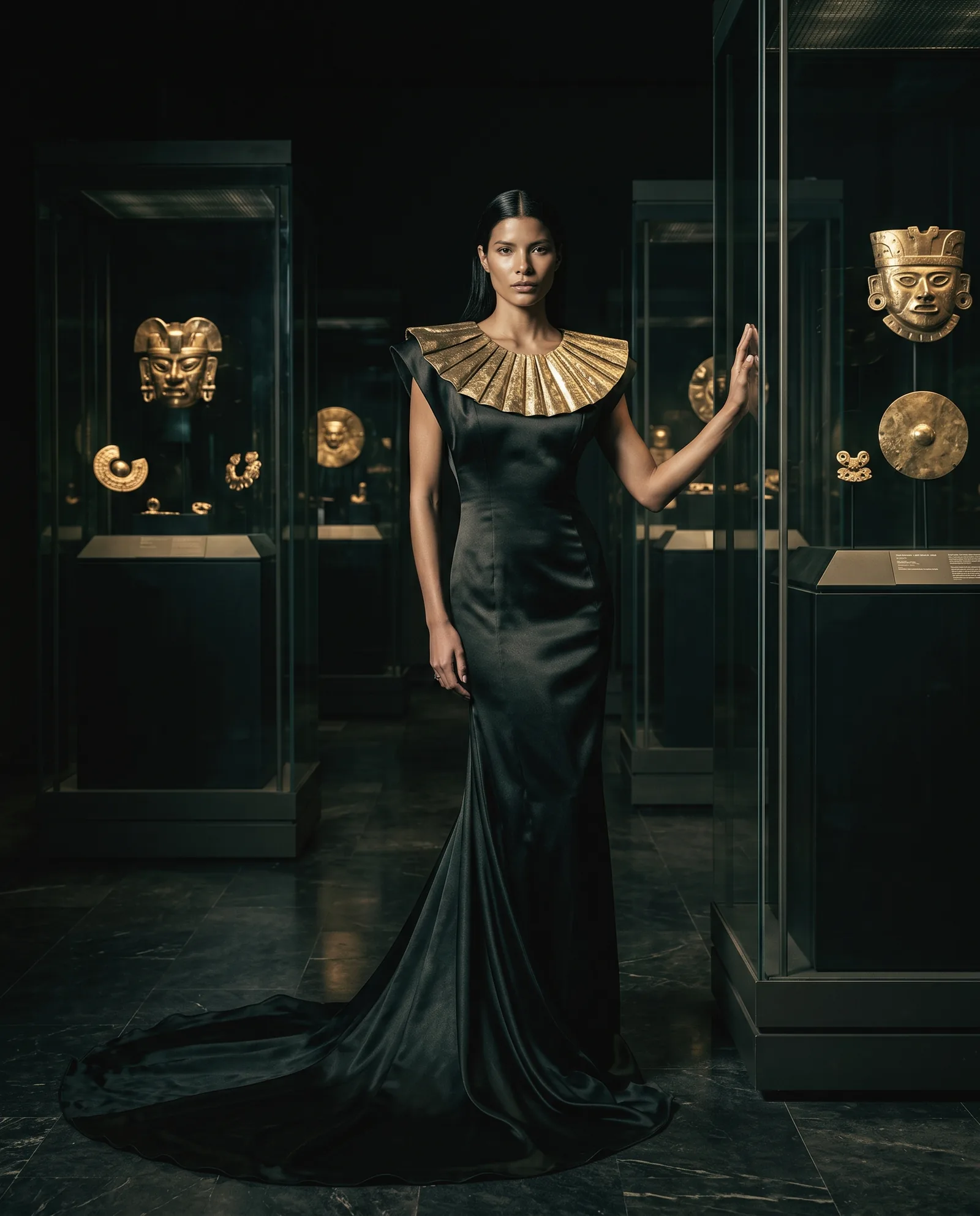 A woman with long straight black hair stands in the dark hall of a museum of ancient gold, in a black satin gown with a train and a wide collar of hammered gold