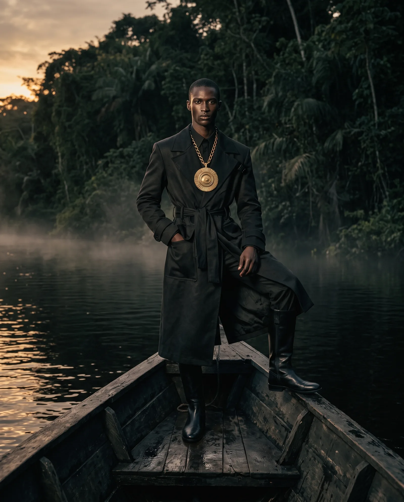 A man stands at the bow of an old wooden boat on a dark river at dusk, in a long black belted coat, tall leather boots and a large gold sun disc medallion on a thick chain
