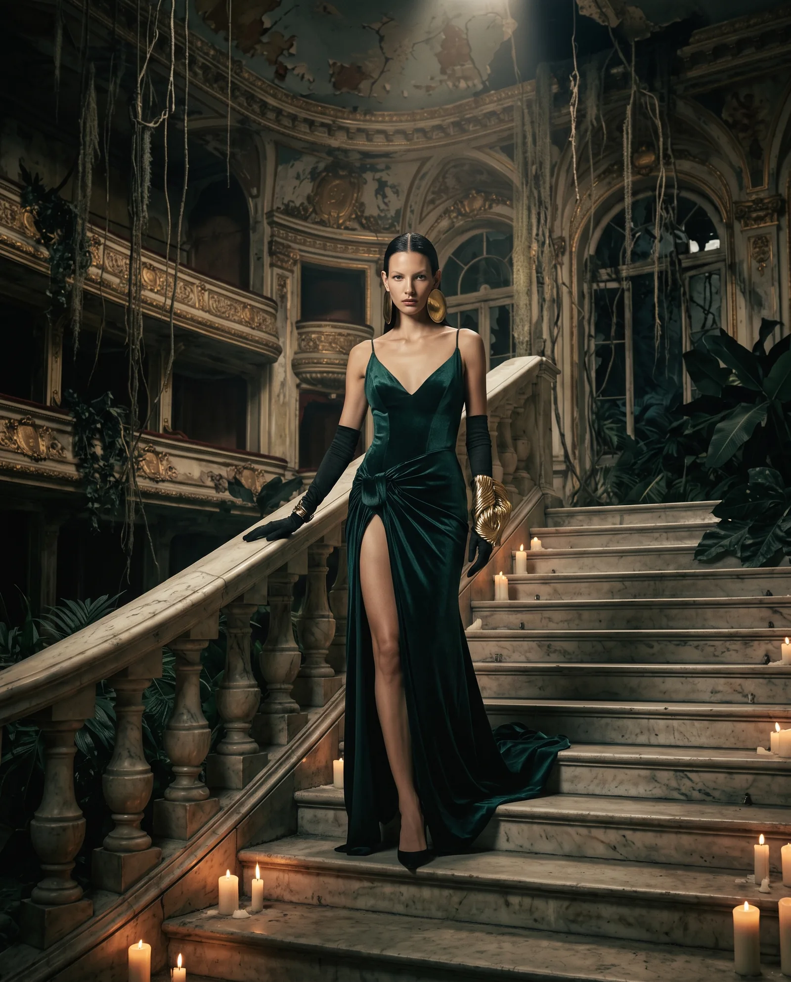 A woman with slicked back dark hair walks down the candlelit staircase of an abandoned opera house overgrown with vines, in an emerald silk gown with a high slit, black gloves and a large gold ear disc