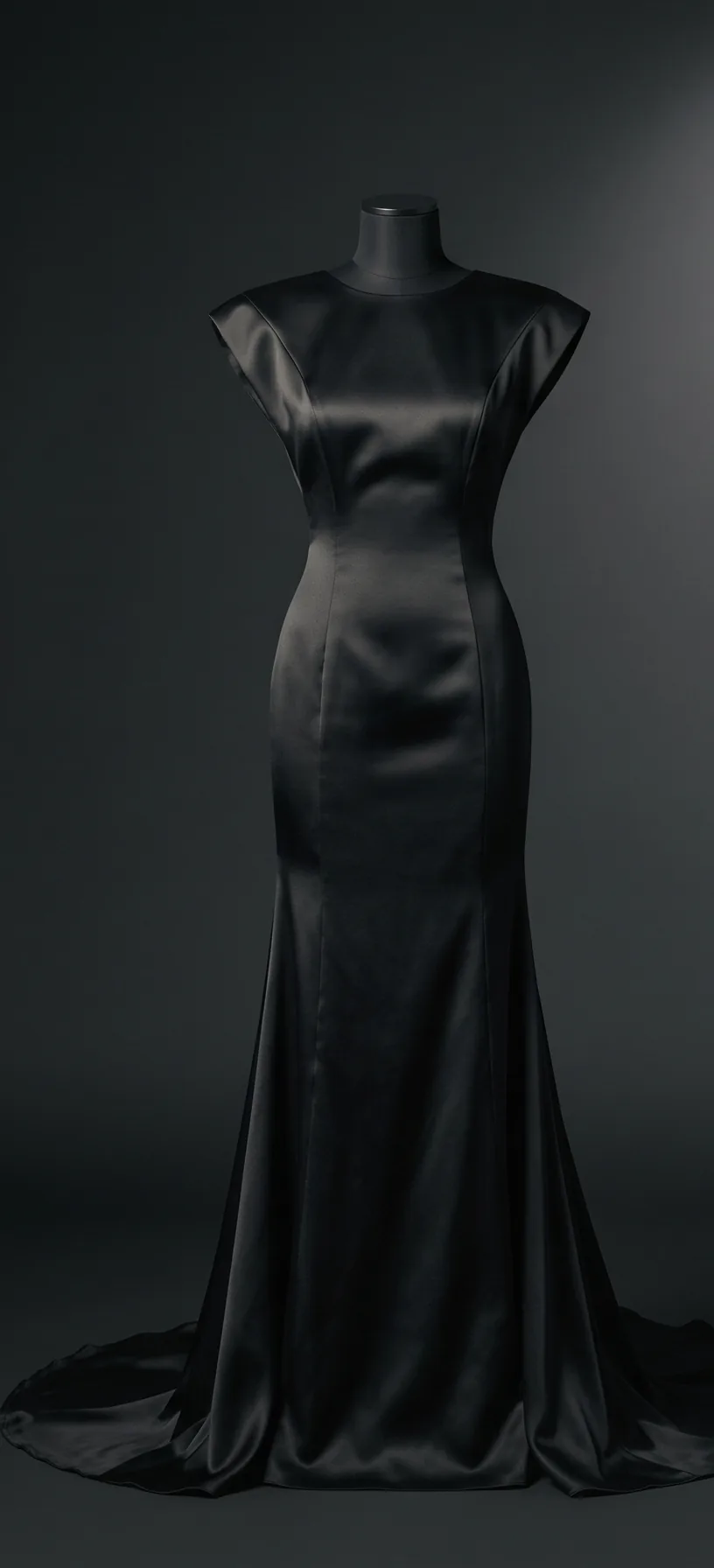 The Satin Column on a black dress form: a black satin gown with cap shoulders and a train