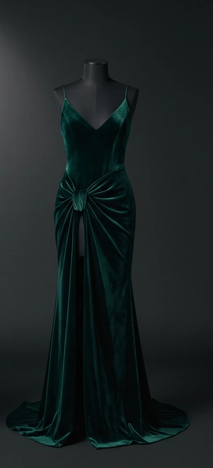 The Emerald Slip on a black dress form: an emerald silk gown with thin straps and a knot at the hip