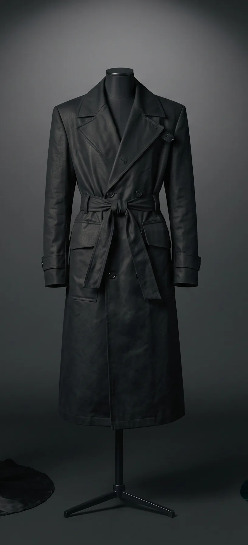 The River Coat on a black dress form: a long black belted coat with flap pockets