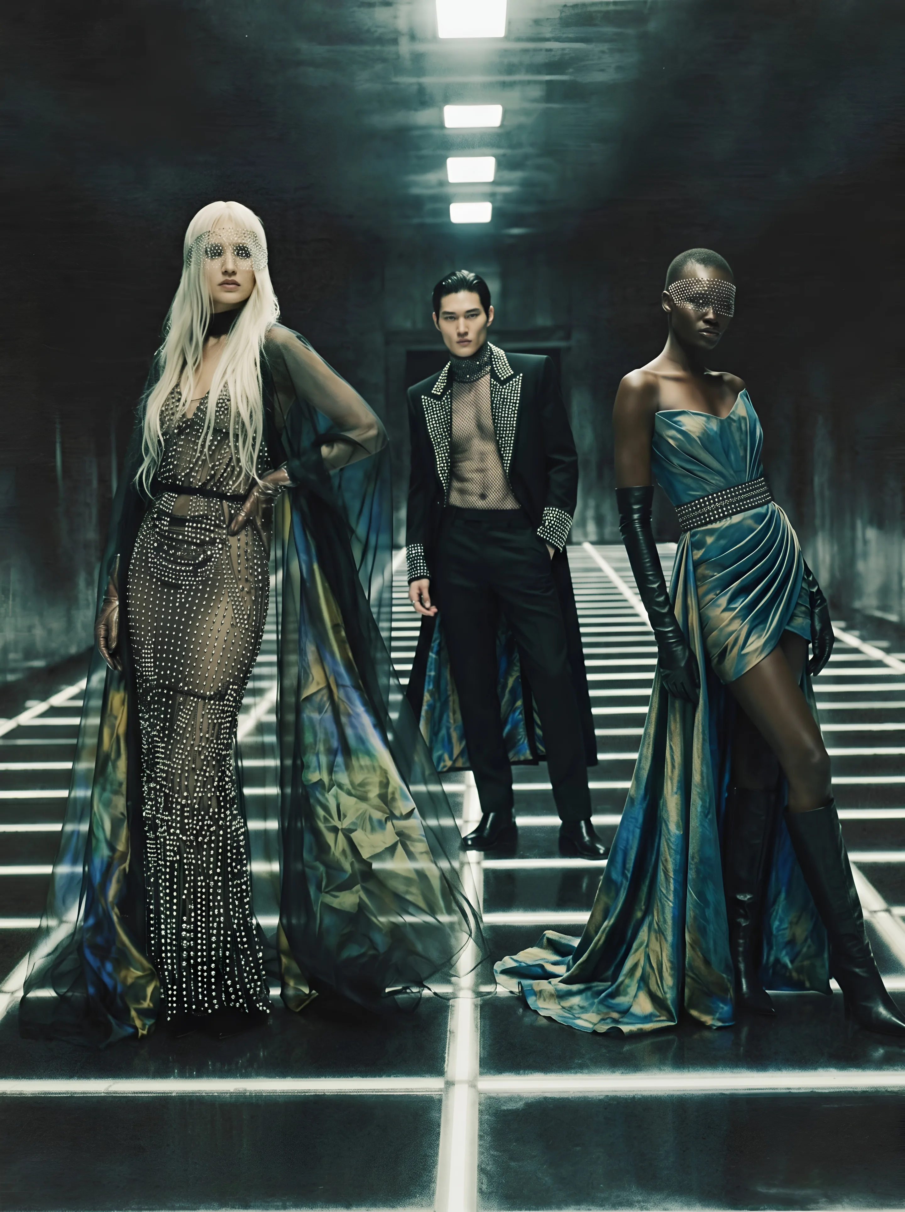 Machine: three models on a floor of light lines in a dark corridor, a woman with long pale blonde hair in a gown covered in silver studs under a sheer cape with an iridescent lining, a man in a studded black coat over a sheer top, and a woman in an iridescent teal strapless dress with a studded belt and long black gloves
