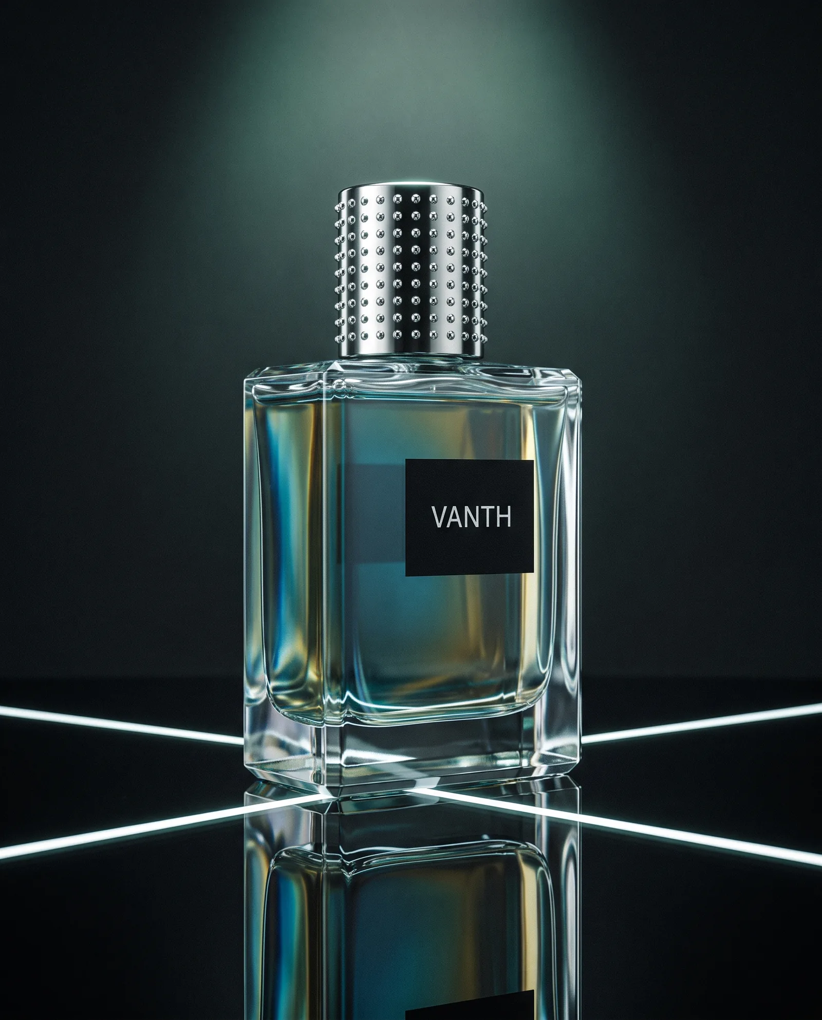 A block of clear glass with perfume that shifts from petrol blue to gold and a steel cap covered in studs, on black glass crossed by lines of light