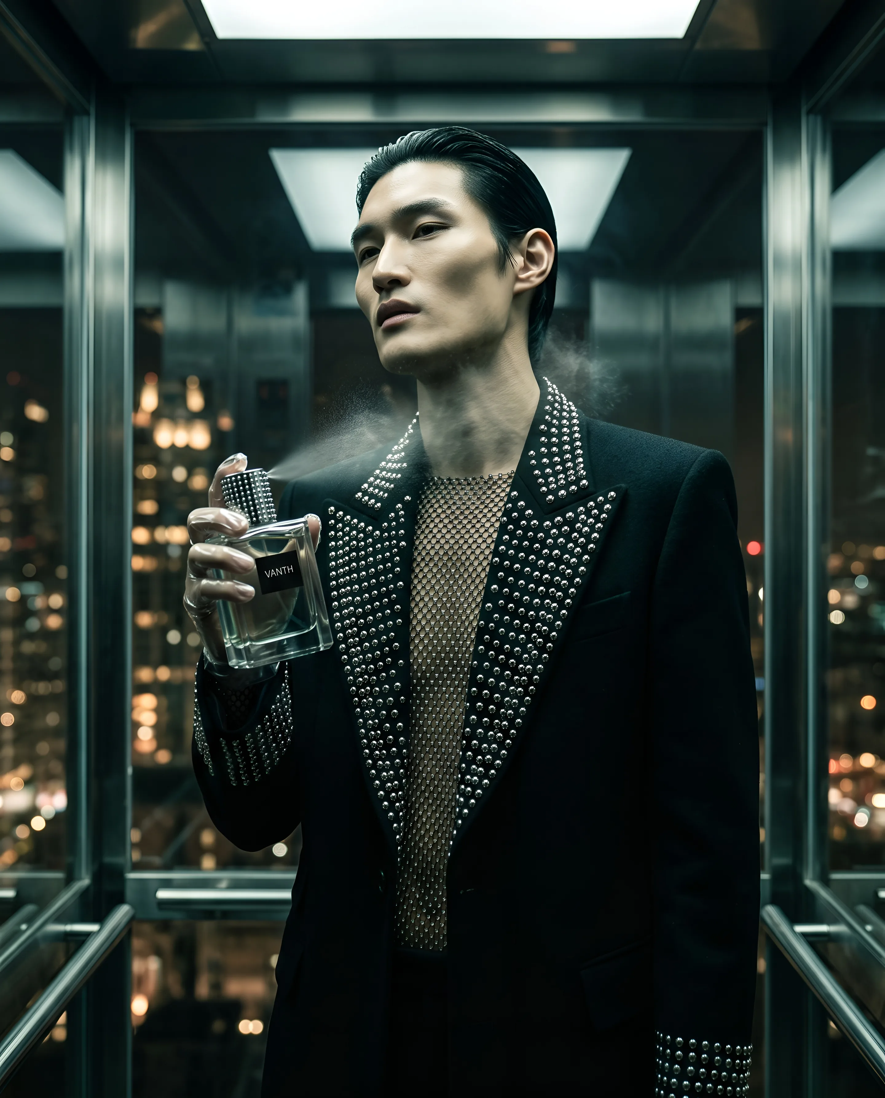 A man with slicked back black hair stands in a glass elevator above a city at night, in a black coat with studded lapels, holding a clear glass bottle with a studded cap and spraying perfume on his neck