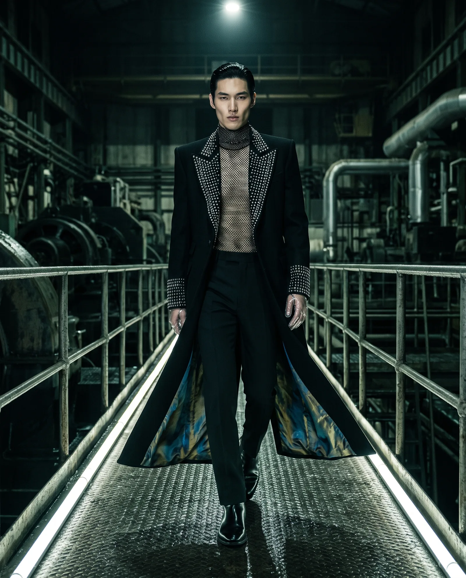 A man with slicked back black hair walks along a steel footbridge in a power station at night, in a long black coat with studded lapels and cuffs, an iridescent lining and a crystal mesh top