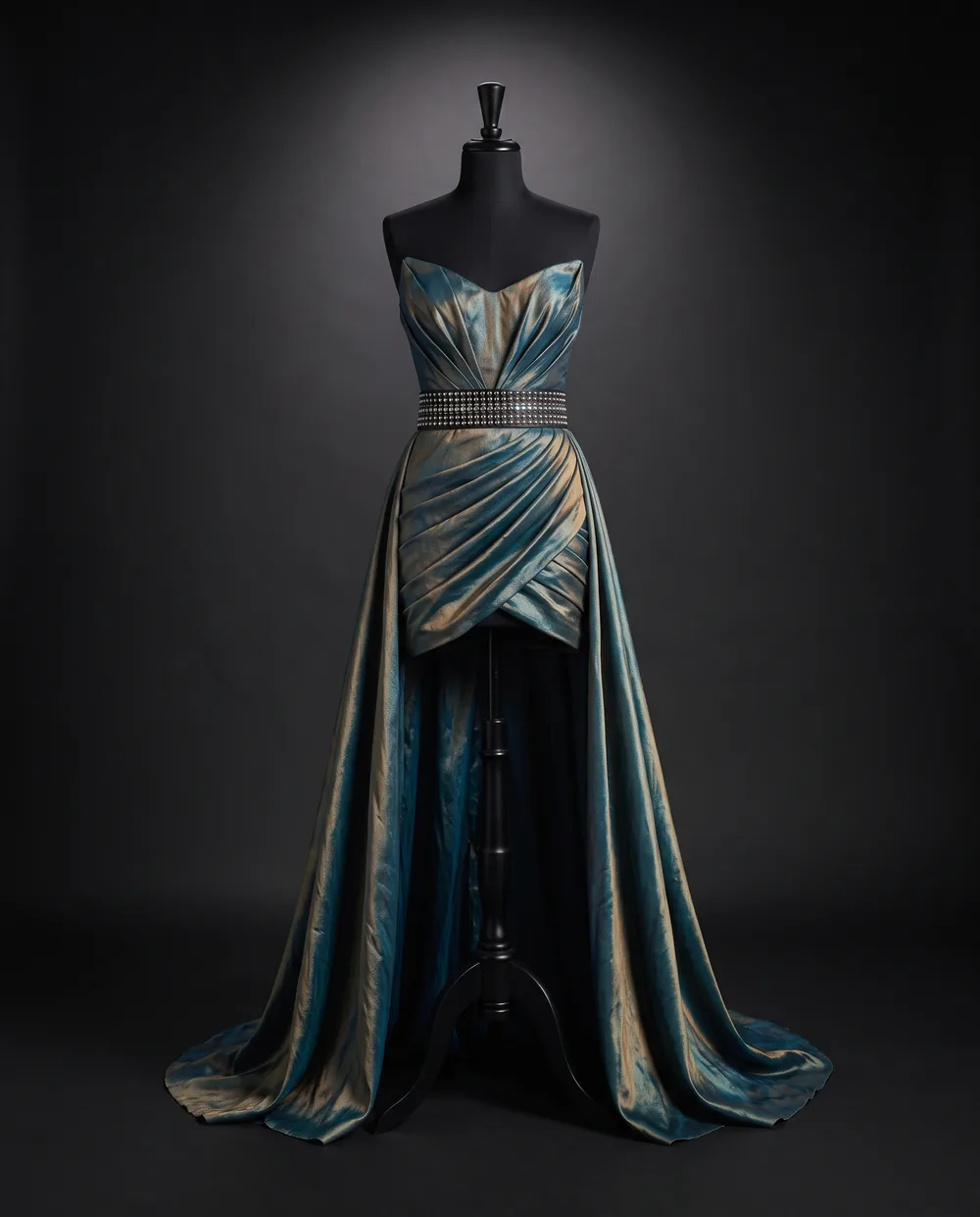 The Prism Dress on a black dress form: a strapless dress in silk that shifts between teal and bronze, with a pleated bodice, a belt of silver studs, a short draped skirt and a long train