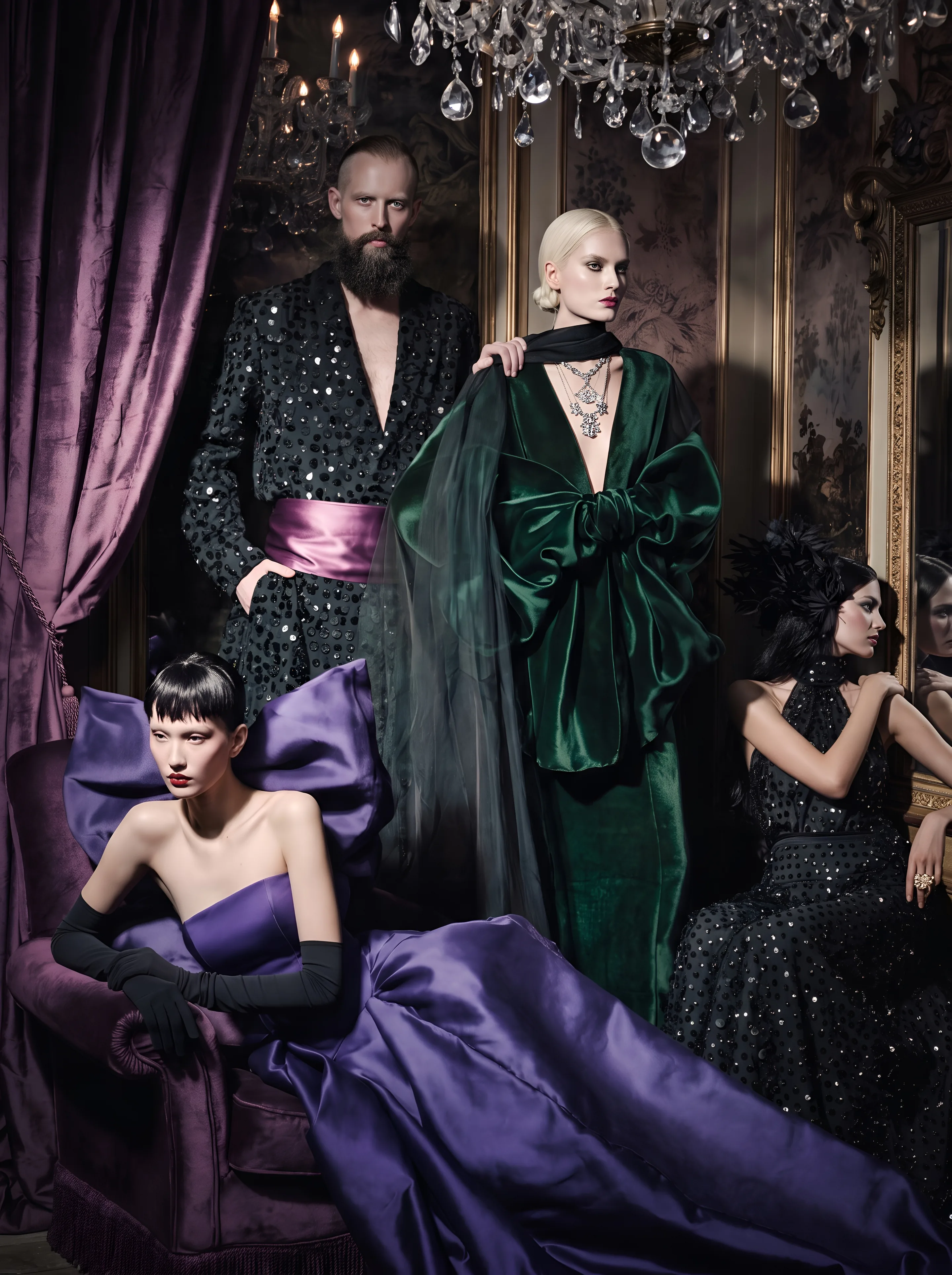 Night Office: four models in a theatre box in violet taffeta, bottle green velvet, a beaded coat with a magenta sash and black sequins