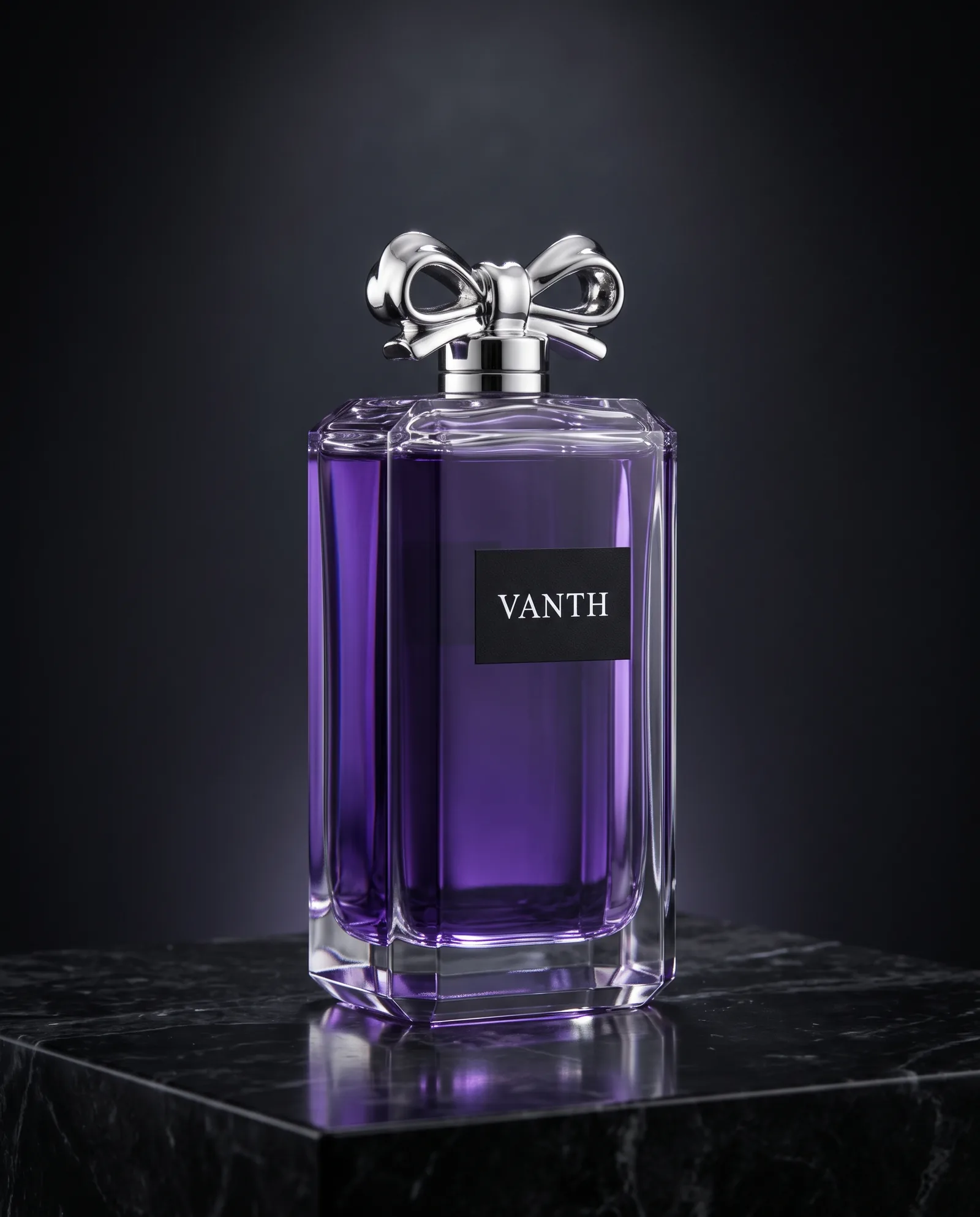 A faceted glass bottle of violet perfume with a silver cap shaped like a bow, on black marble